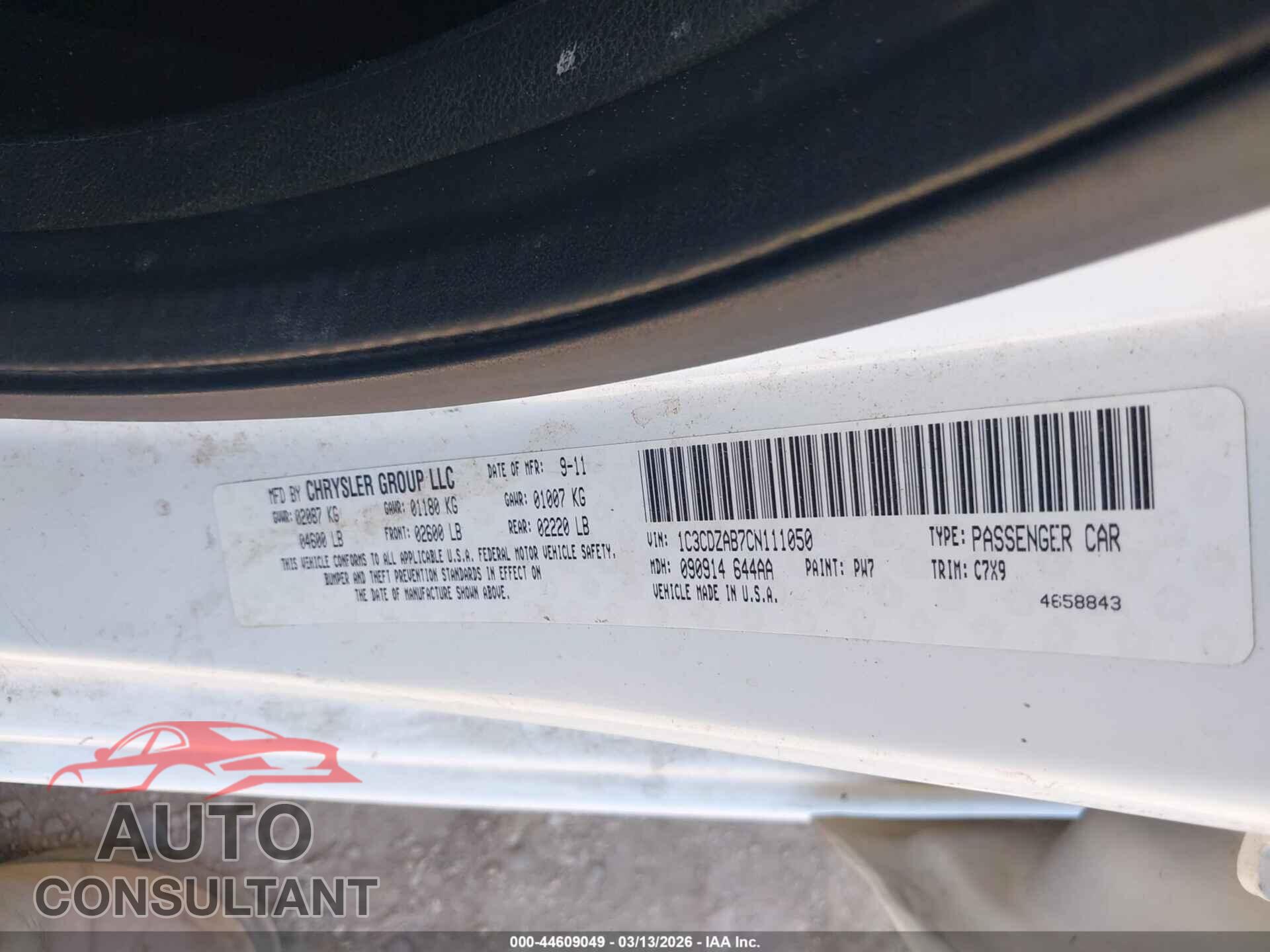 DODGE AVENGER 2012 - 1C3CDZAB7CN111050
