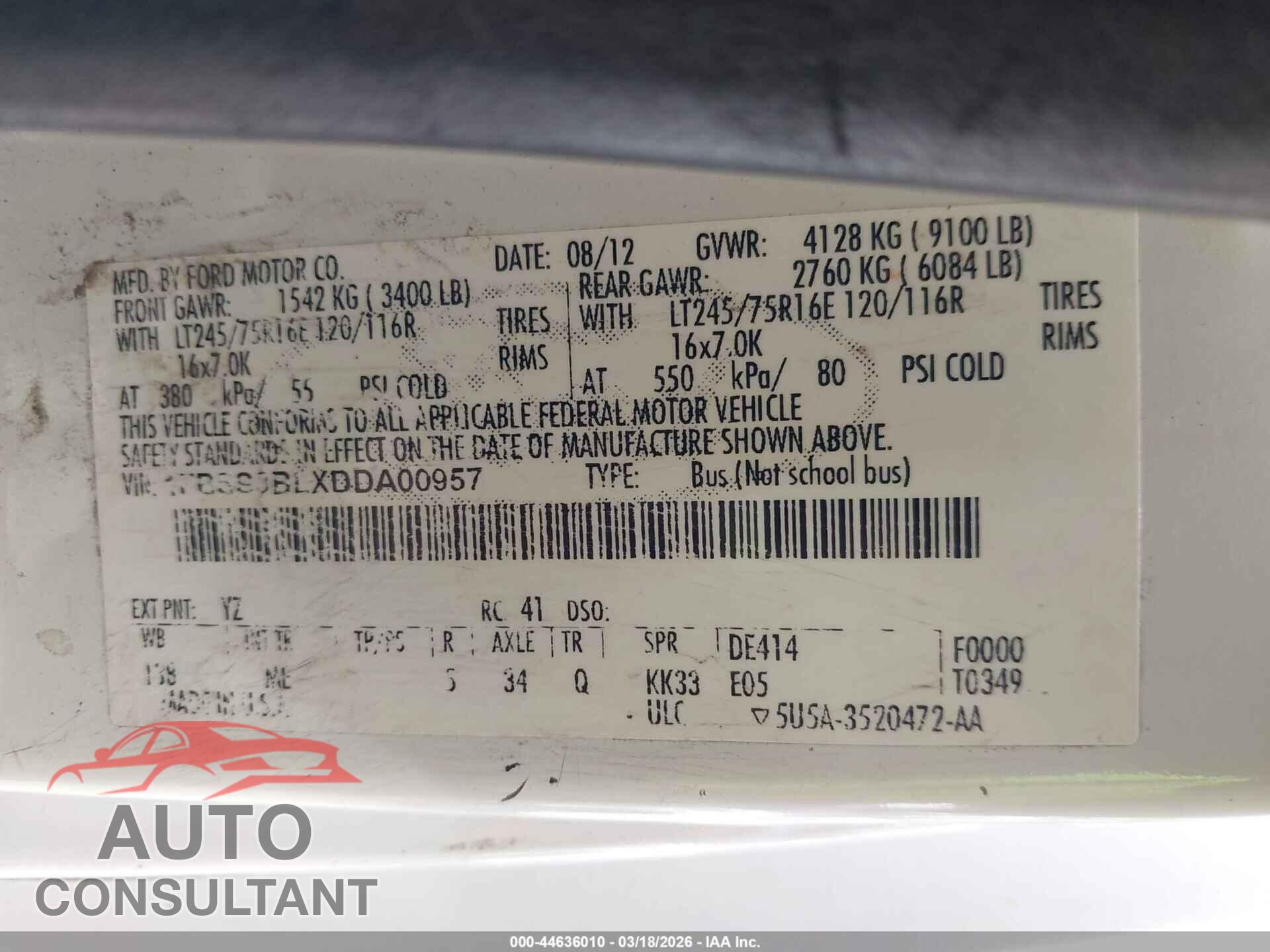 FORD E-350 SUPER DUTY 2013 - 1FBSS3BLXDDA00957
