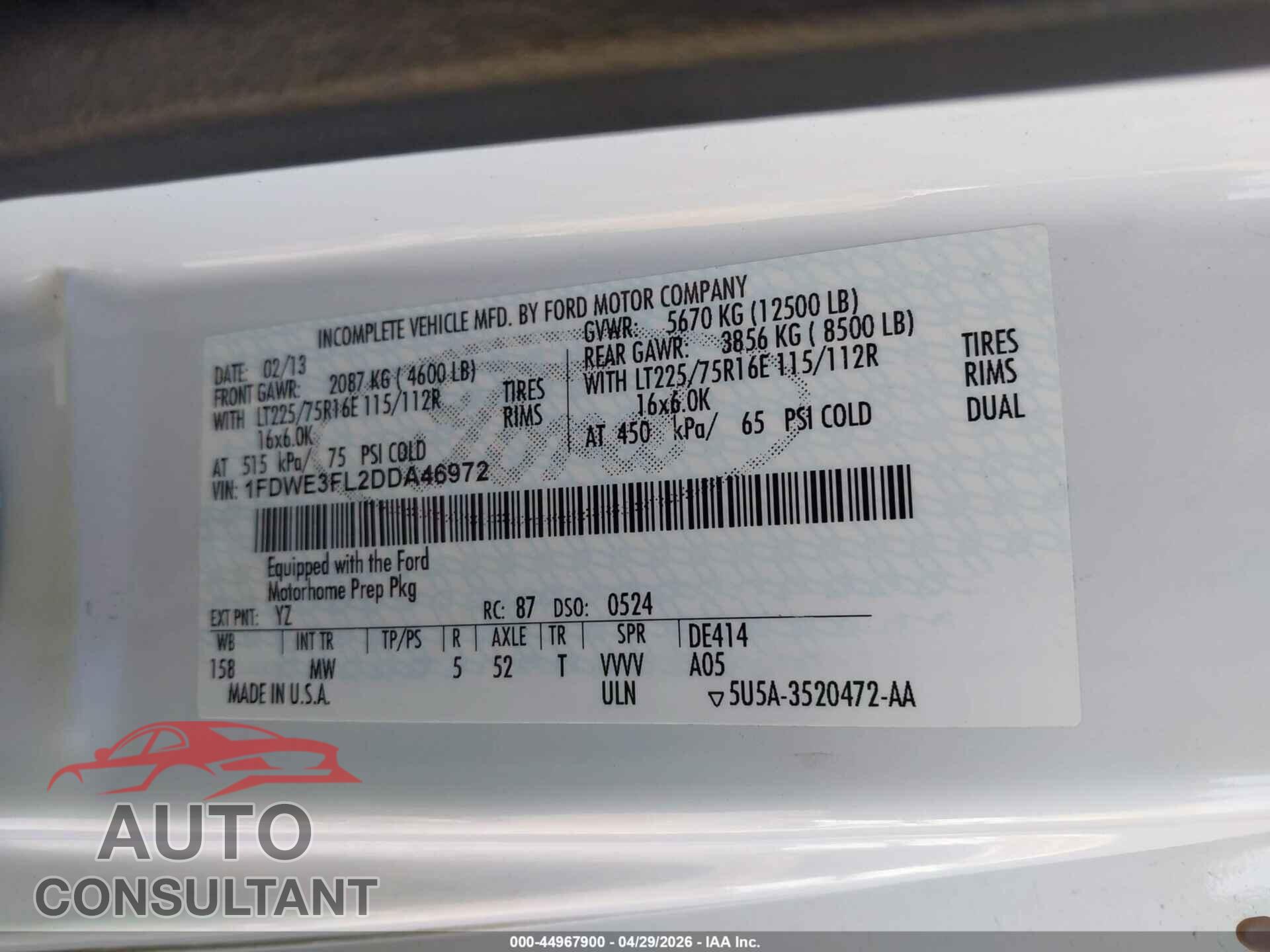 FORD E-350 CUTAWAY 2013 - 1FDWE3FL2DDA46972