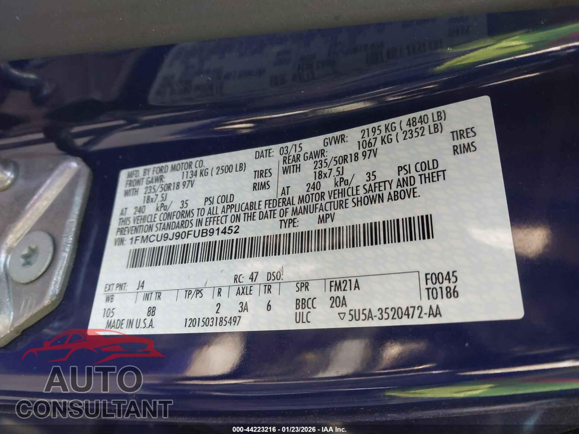 FORD ESCAPE 2015 - 1FMCU9J90FUB91452