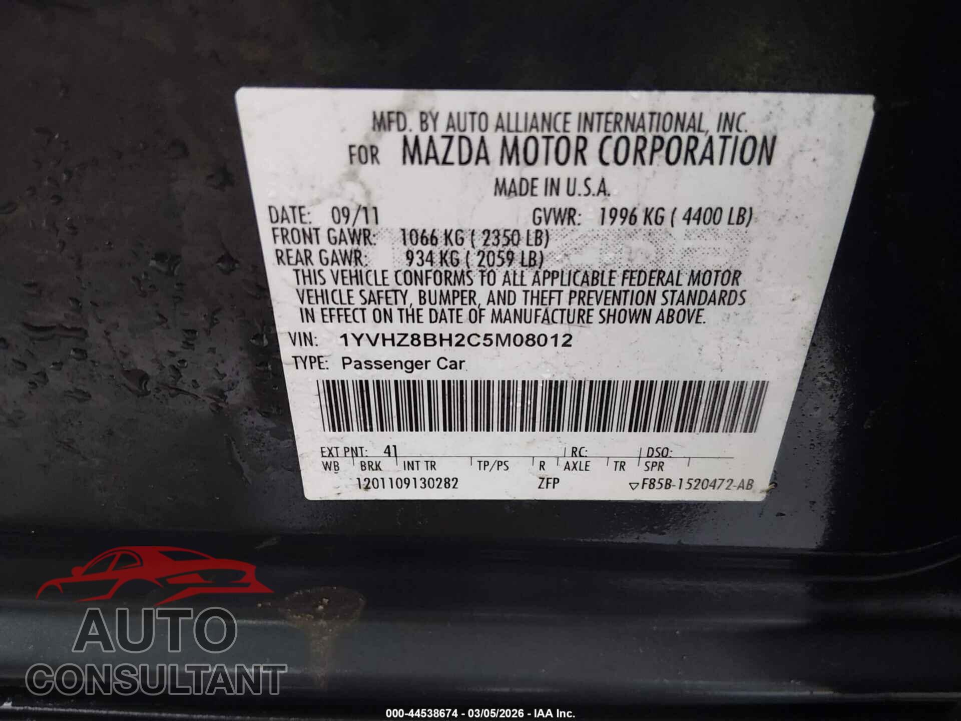 MAZDA MAZDA6 2012 - 1YVHZ8BH2C5M08012