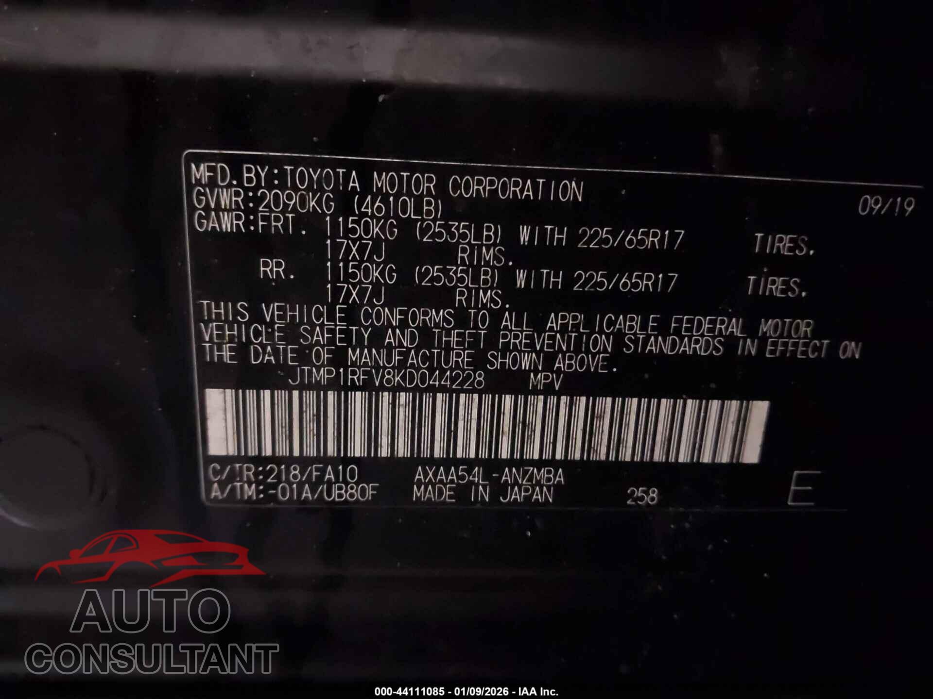 TOYOTA RAV4 2019 - JTMP1RFV8KD044228