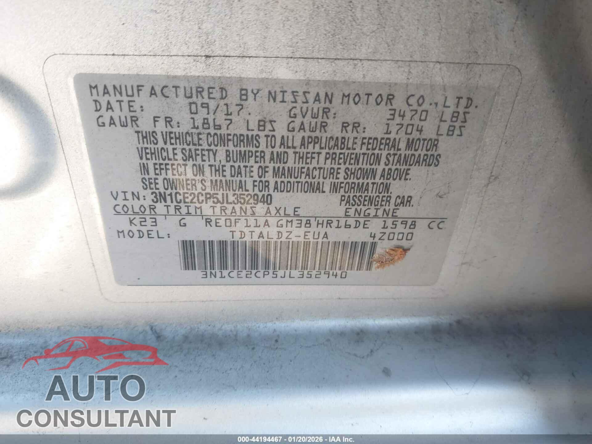 NISSAN VERSA NOTE 2018 - 3N1CE2CP5JL352940