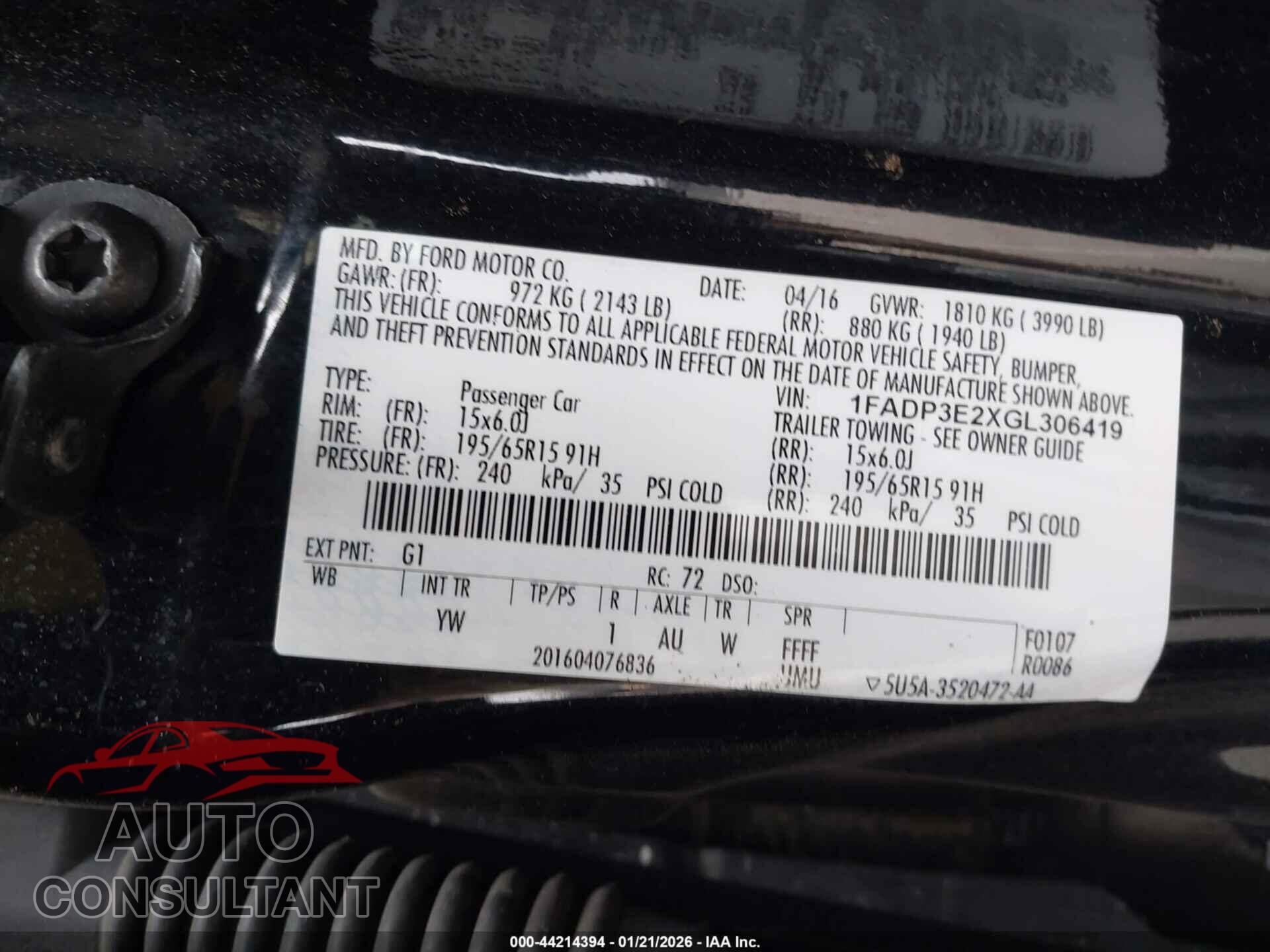 FORD FOCUS 2016 - 1FADP3E2XGL306419