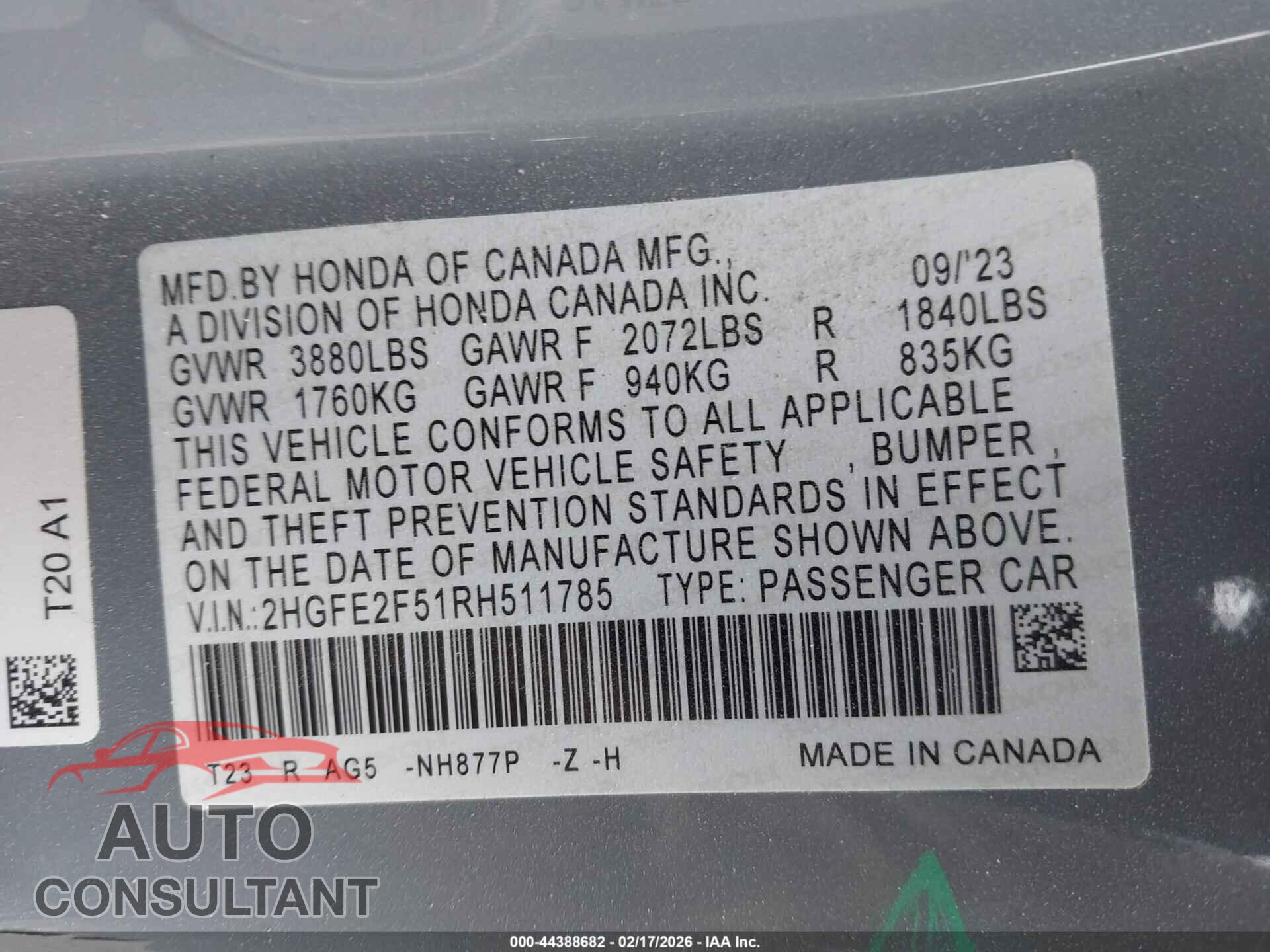 HONDA CIVIC 2024 - 2HGFE2F51RH511785
