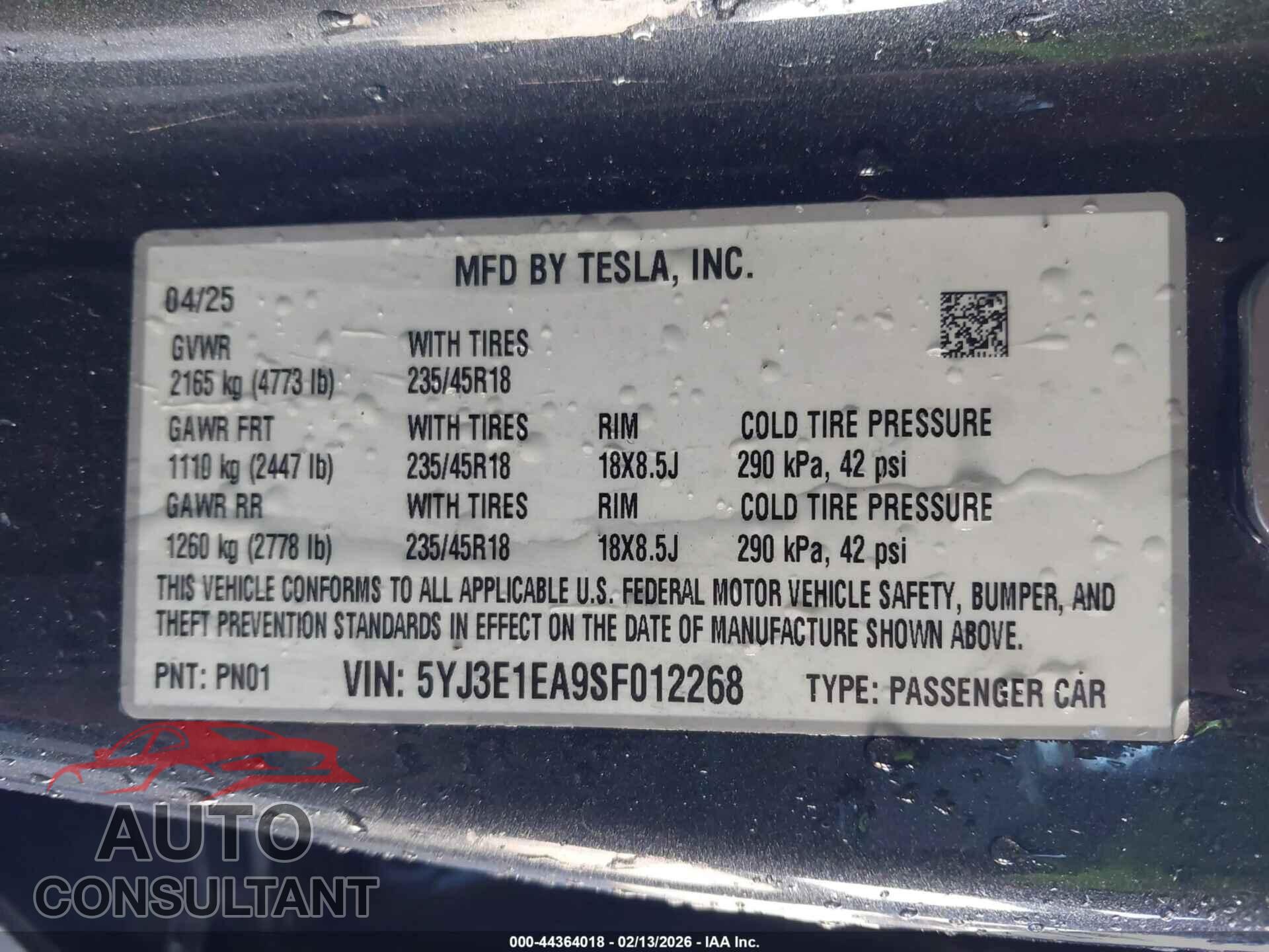 TESLA MODEL 3 2025 - 5YJ3E1EA9SF012268