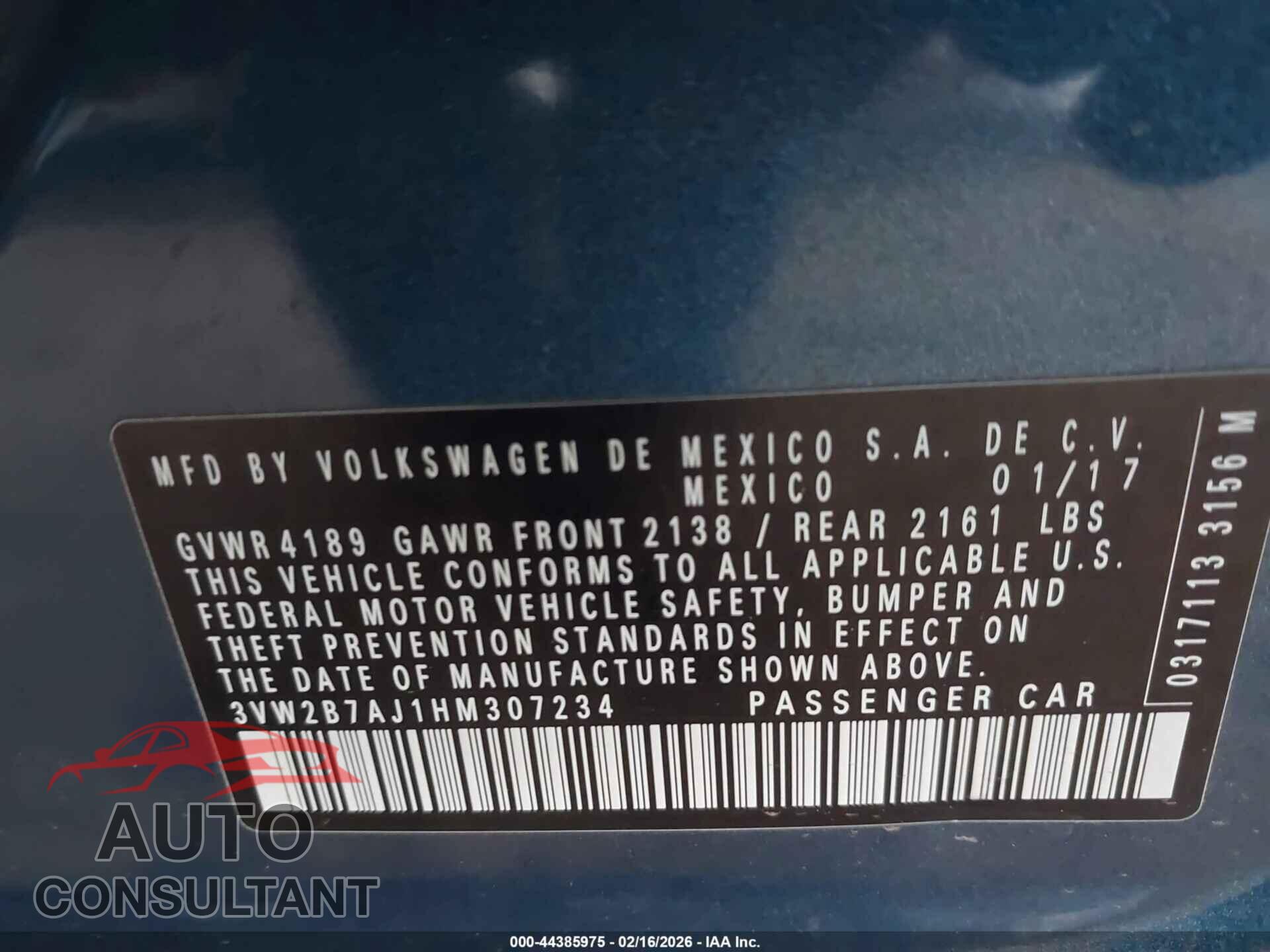 VOLKSWAGEN JETTA 2017 - 3VW2B7AJ1HM307234