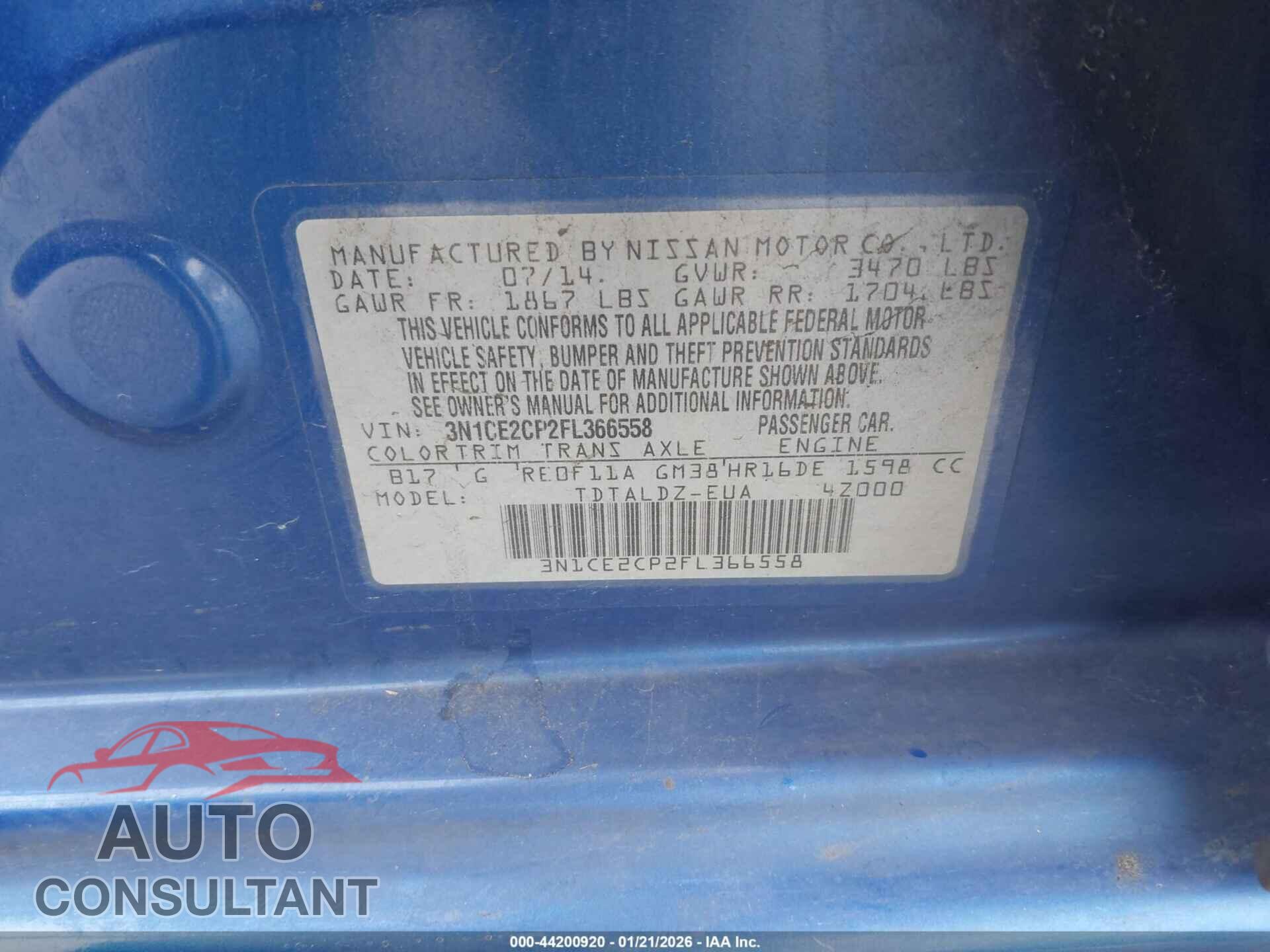 NISSAN VERSA NOTE 2015 - 3N1CE2CP2FL366558
