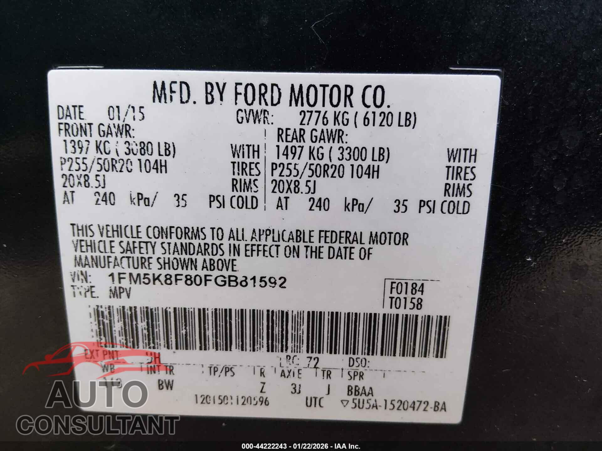 FORD EXPLORER 2015 - 1FM5K8F80FGB81592