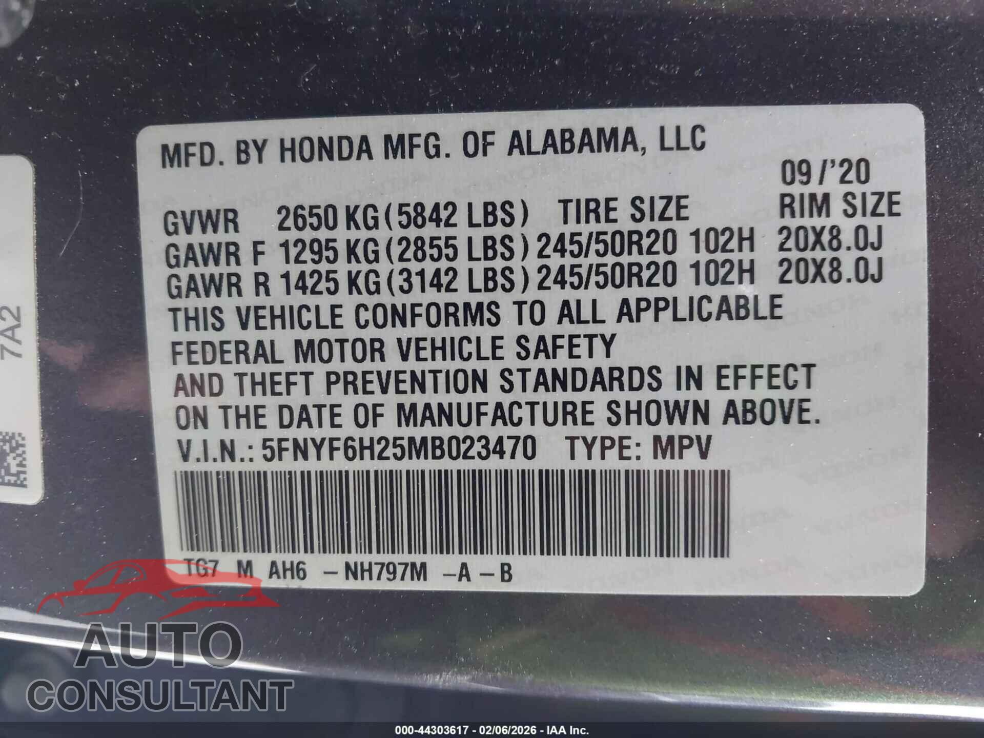HONDA PILOT 2021 - 5FNYF6H25MB023470