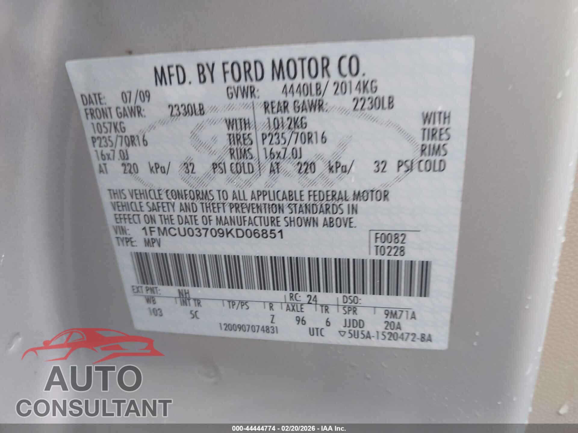 FORD ESCAPE 2009 - 1FMCU03709KD06851