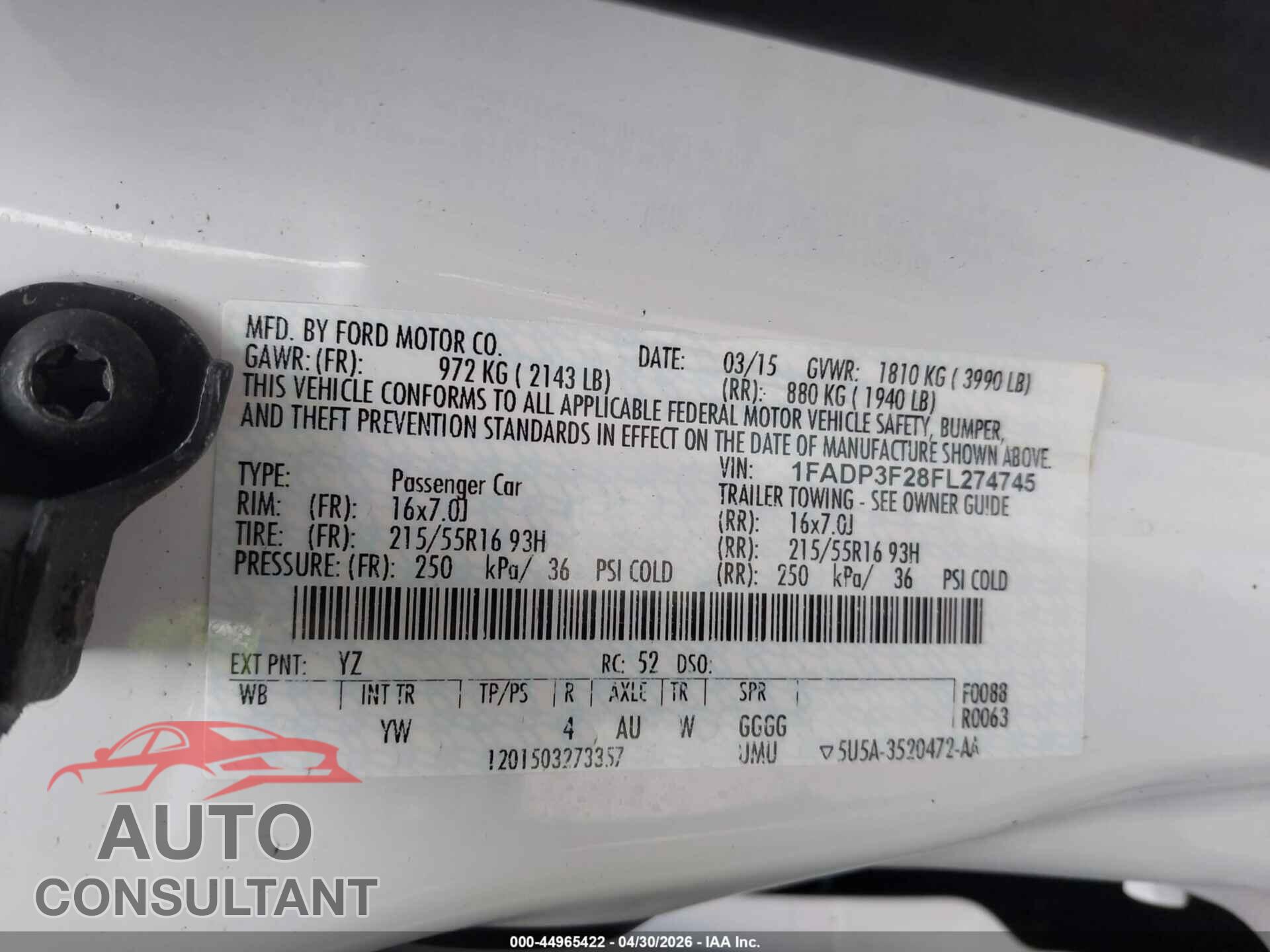 FORD FOCUS 2015 - 1FADP3F28FL274745