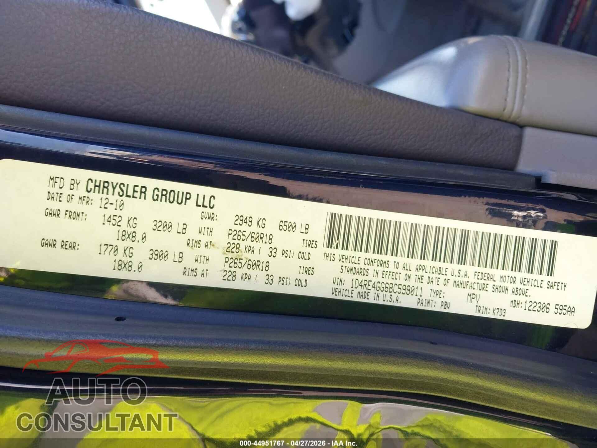 DODGE DURANGO 2011 - 1D4RE4GG6BC599011