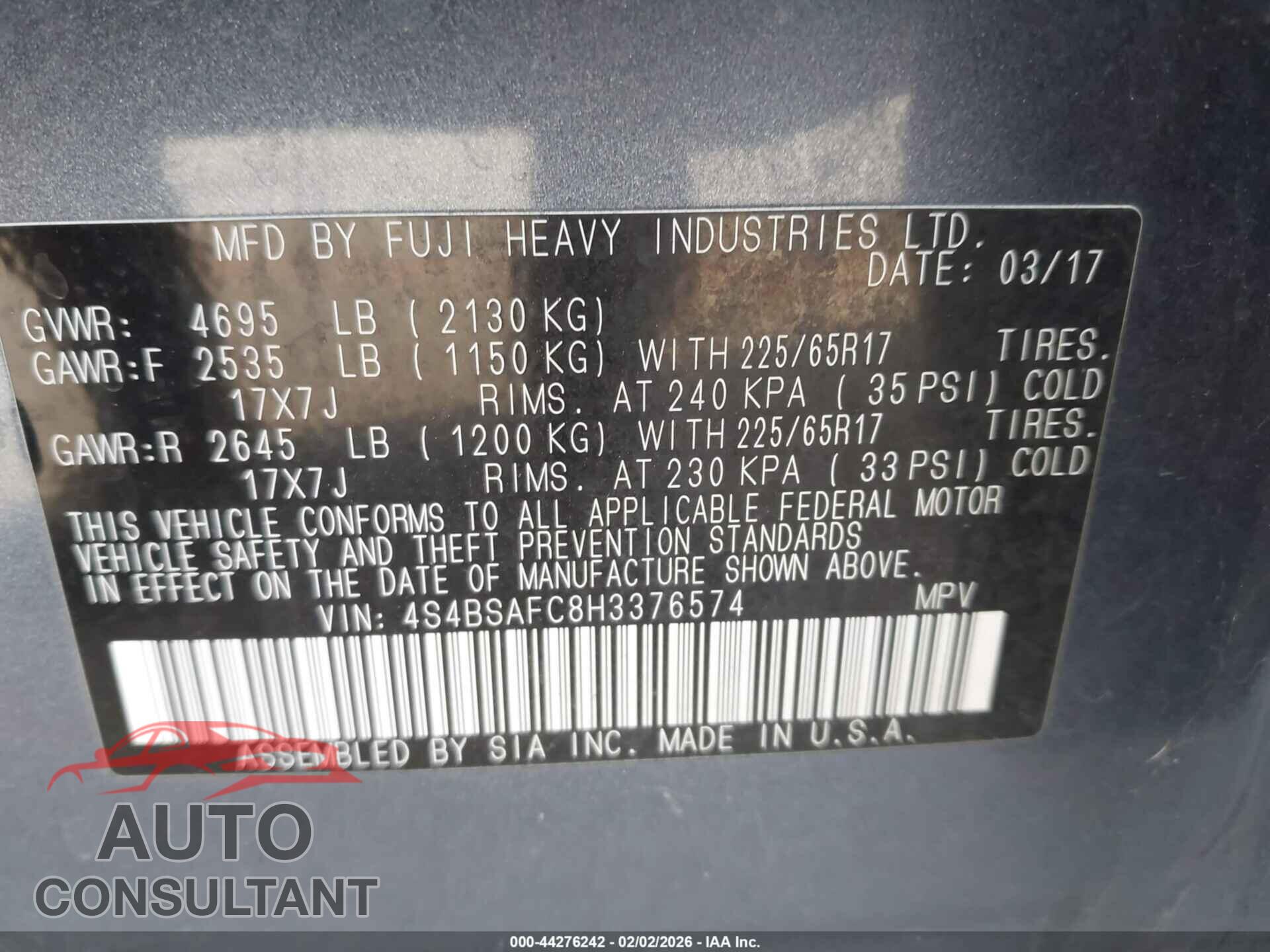 SUBARU OUTBACK 2017 - 4S4BSAFC8H3376574