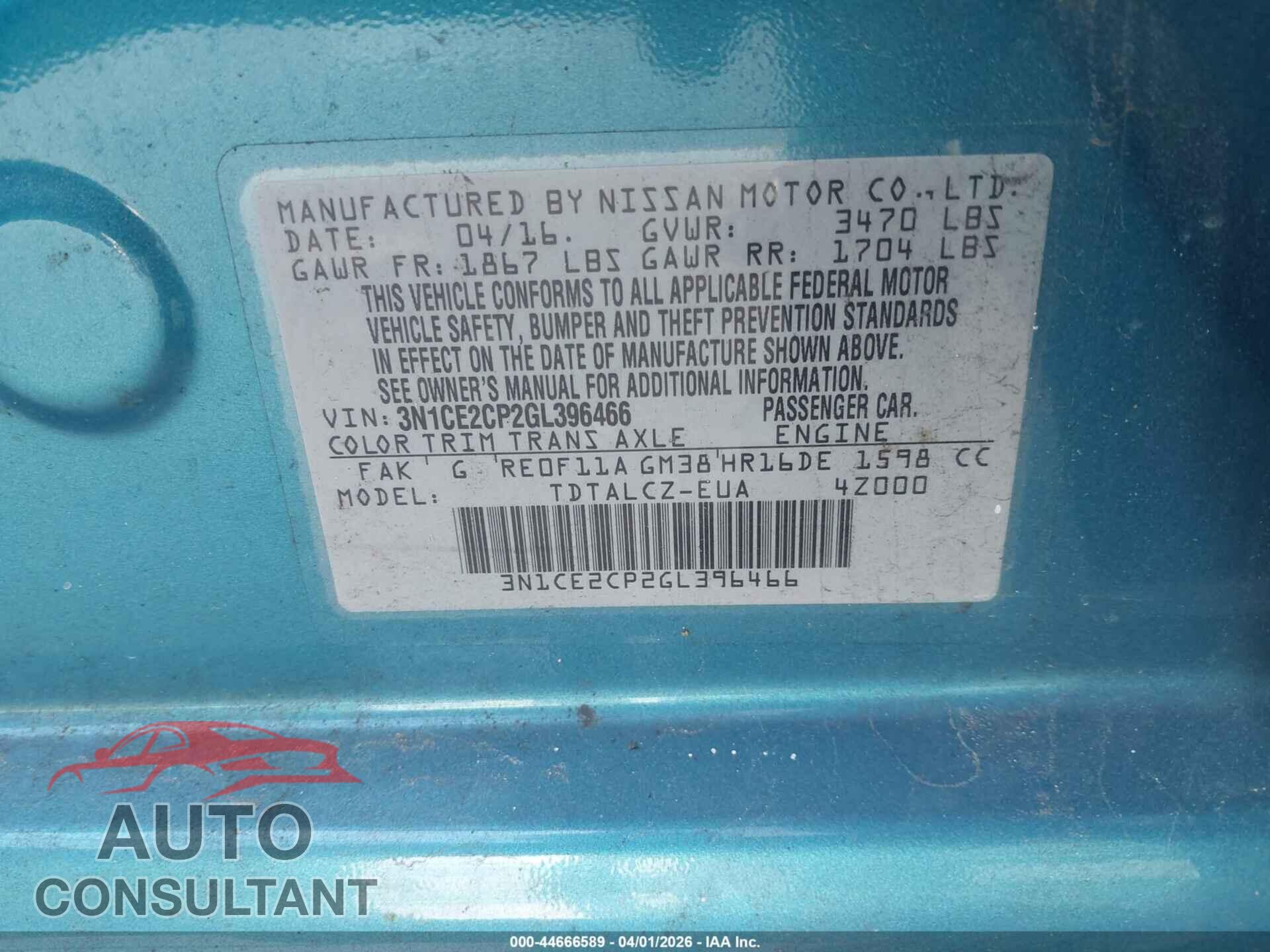 NISSAN VERSA NOTE 2016 - 3N1CE2CP2GL396466