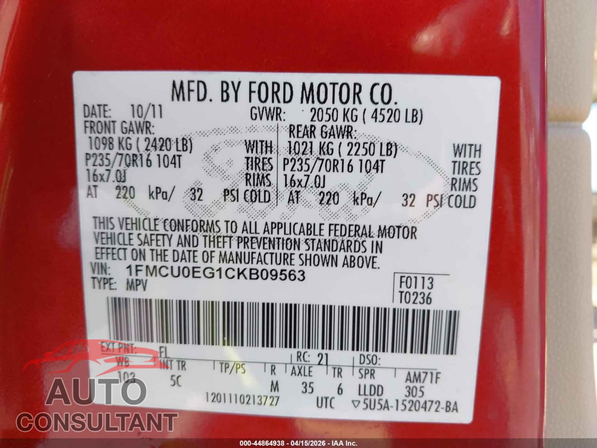 FORD ESCAPE 2012 - 1FMCU0EG1CKB09563