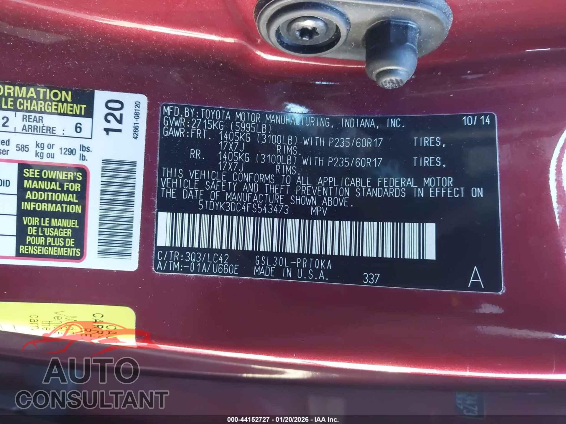 TOYOTA SIENNA 2015 - 5TDYK3DC4FS543473