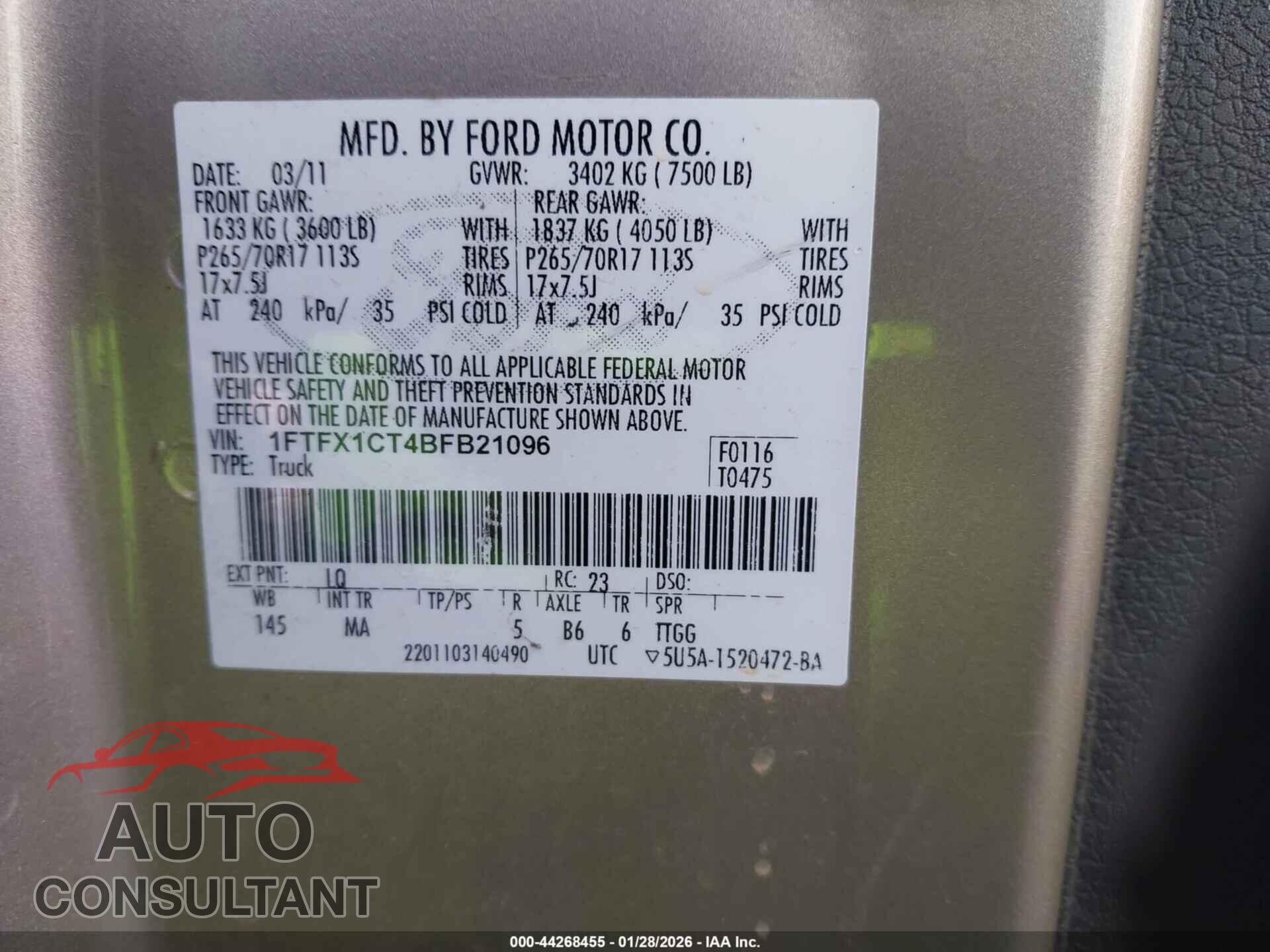 FORD F-150 2011 - 1FTFX1CT4BFB21096