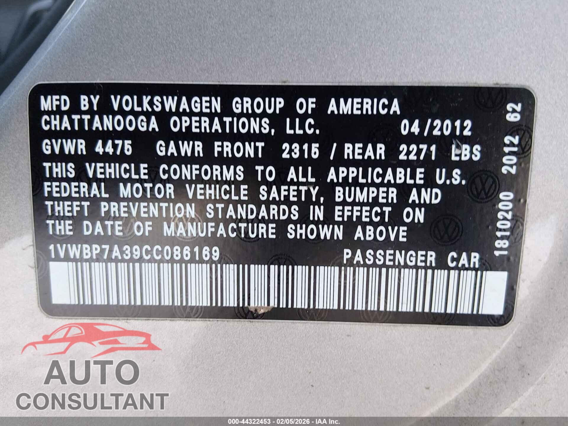 VOLKSWAGEN PASSAT 2012 - 1VWBP7A39CC086169