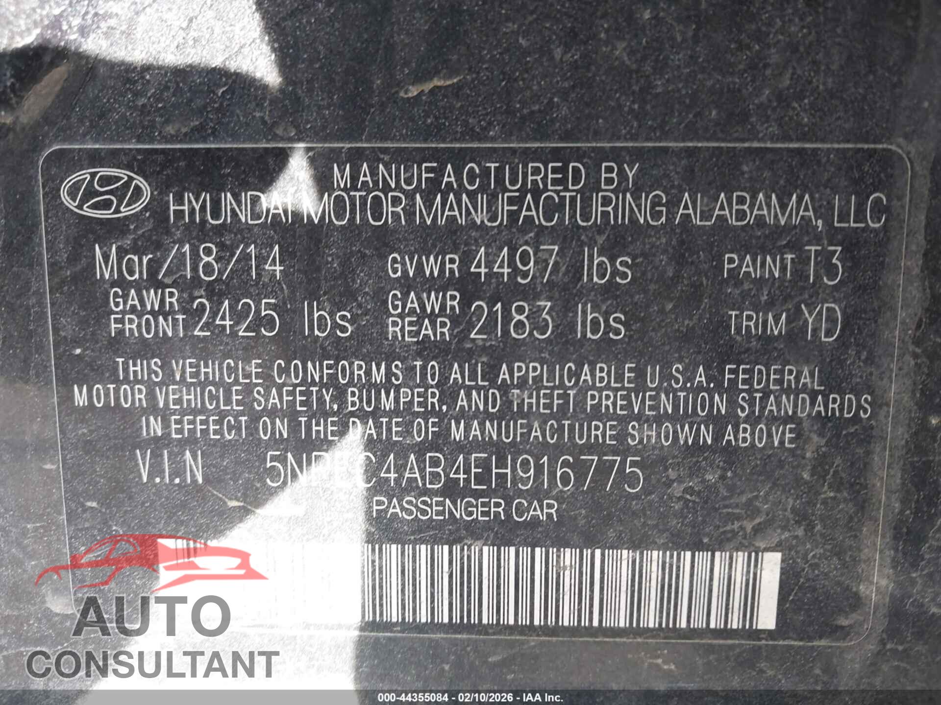 HYUNDAI SONATA 2014 - 5NPEC4AB4EH916775