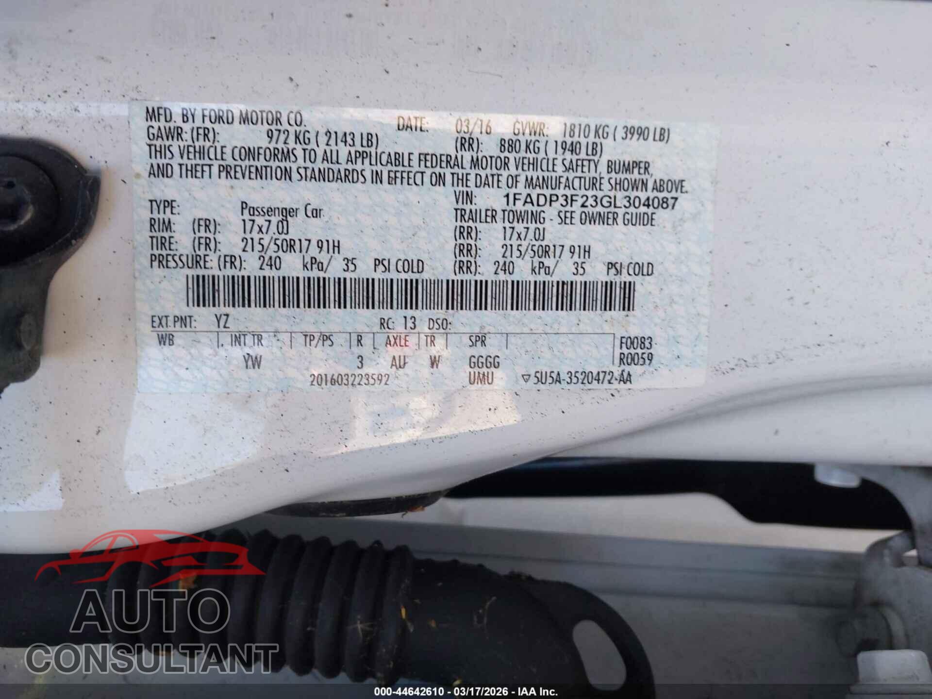 FORD FOCUS 2016 - 1FADP3F23GL304087