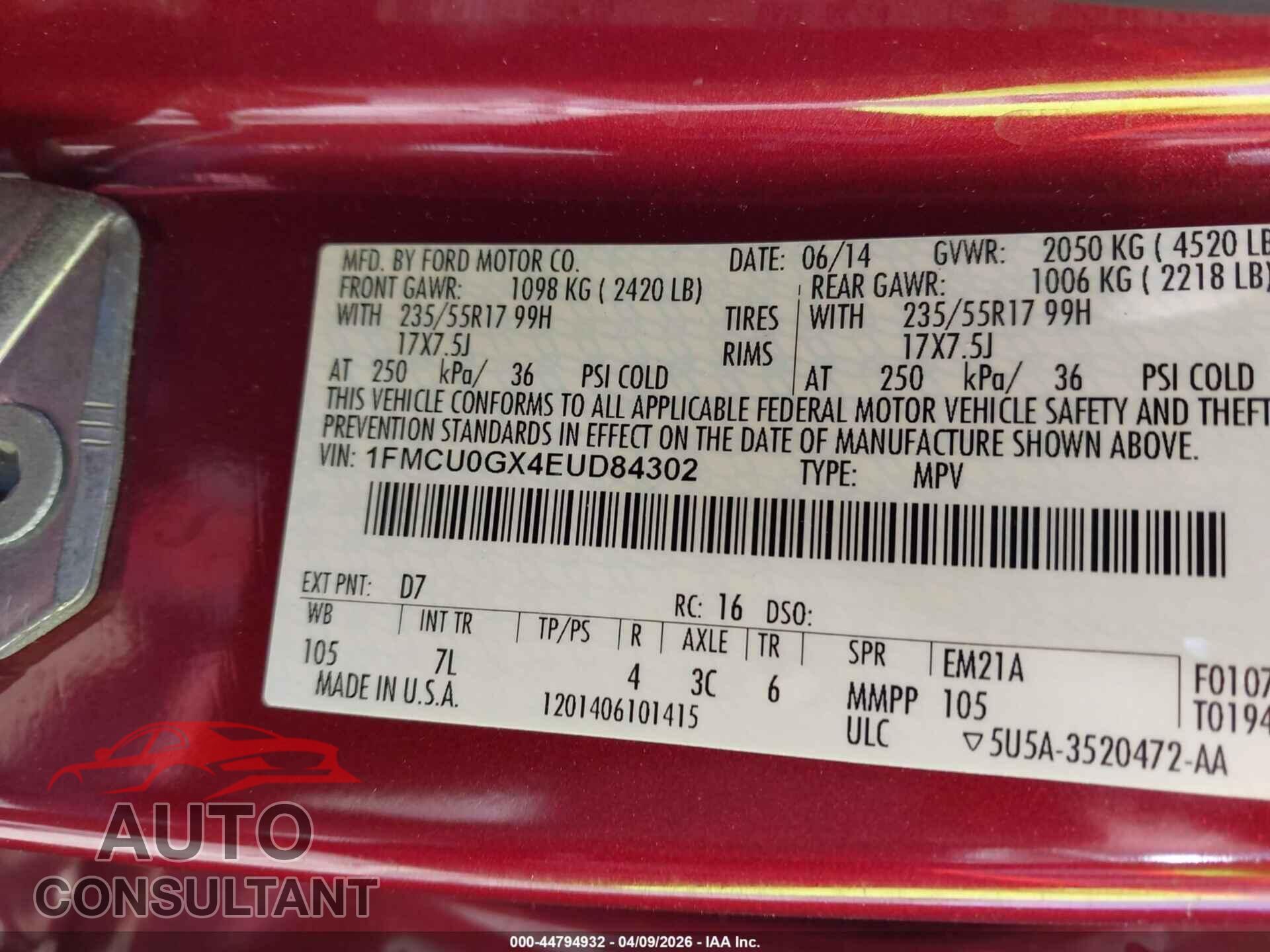 FORD ESCAPE 2014 - 1FMCU0GX4EUD84302