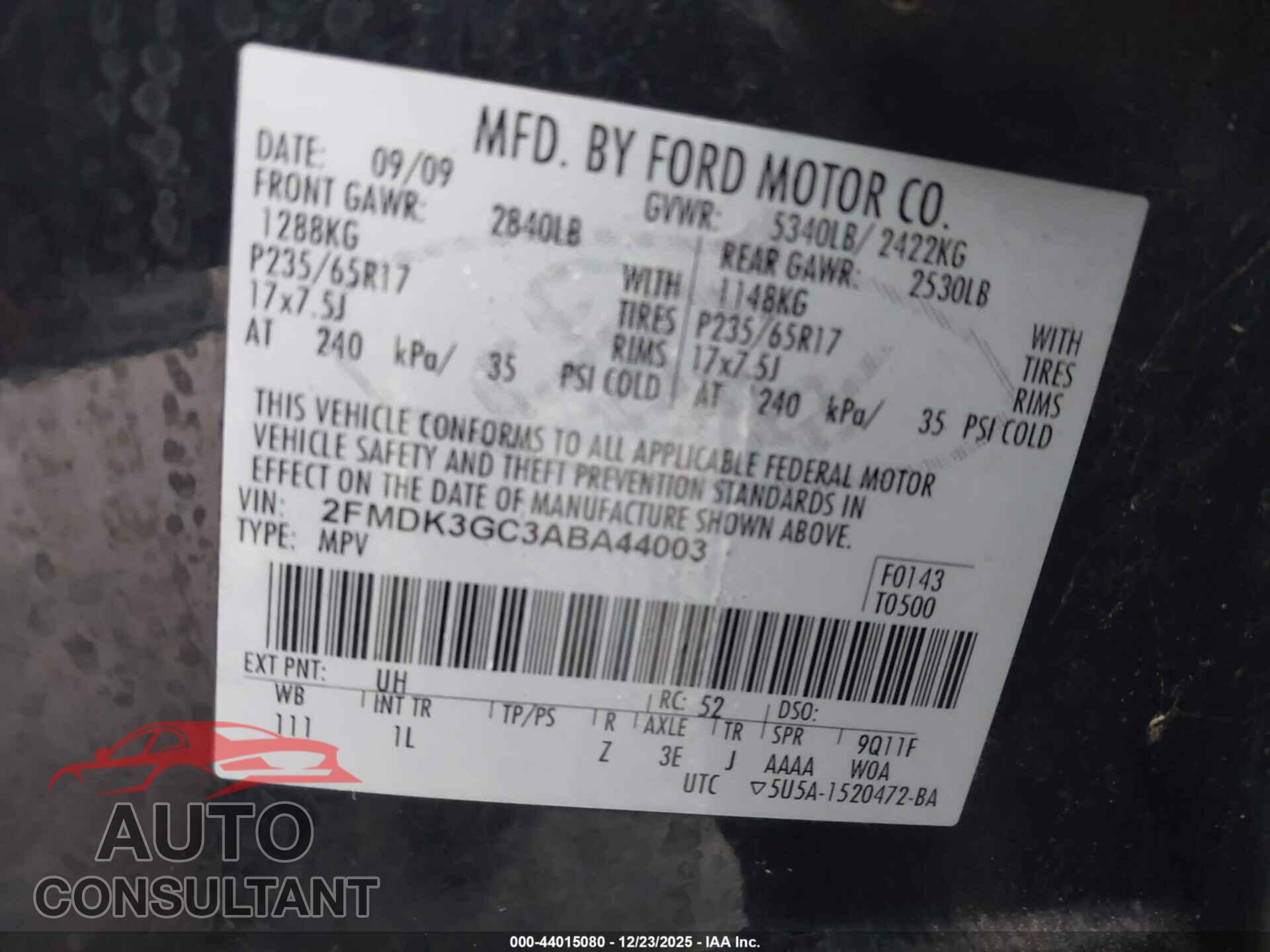 FORD EDGE 2010 - 2FMDK3GC3ABA44003