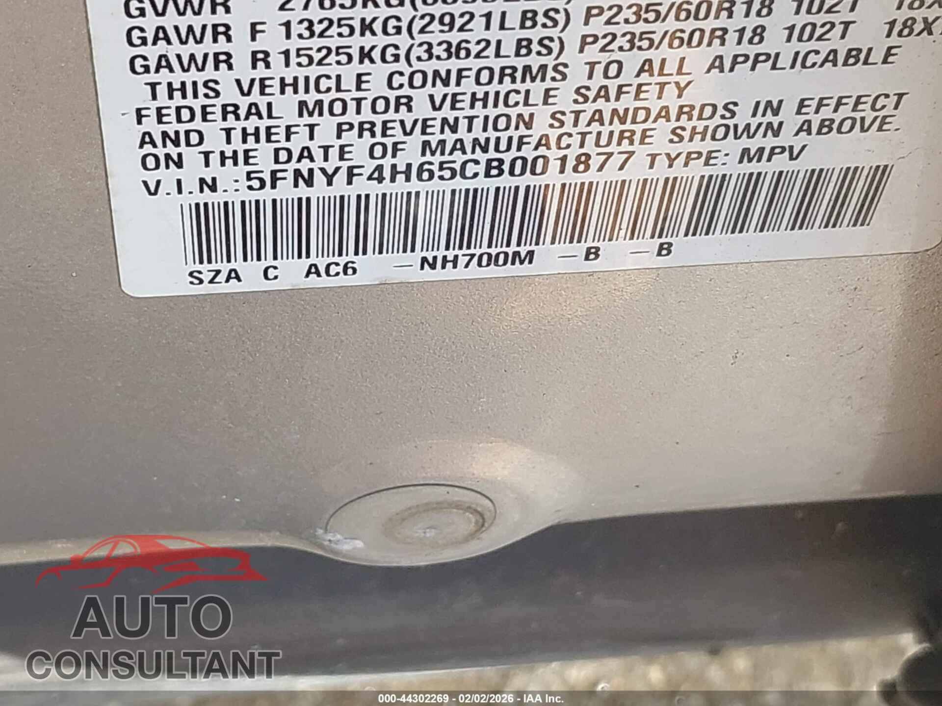 HONDA PILOT 2012 - 5FNYF4H65CB001877