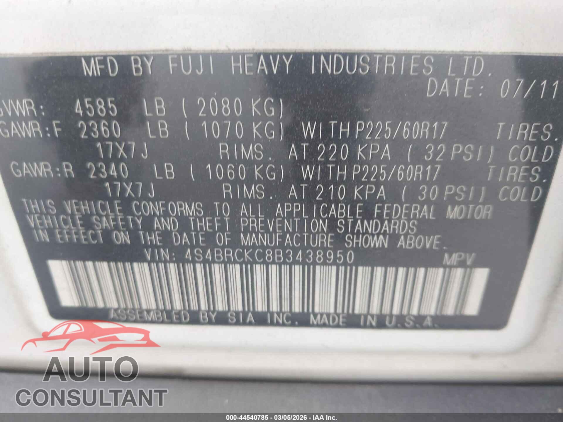 SUBARU OUTBACK 2011 - 4S4BRCKC8B3438950
