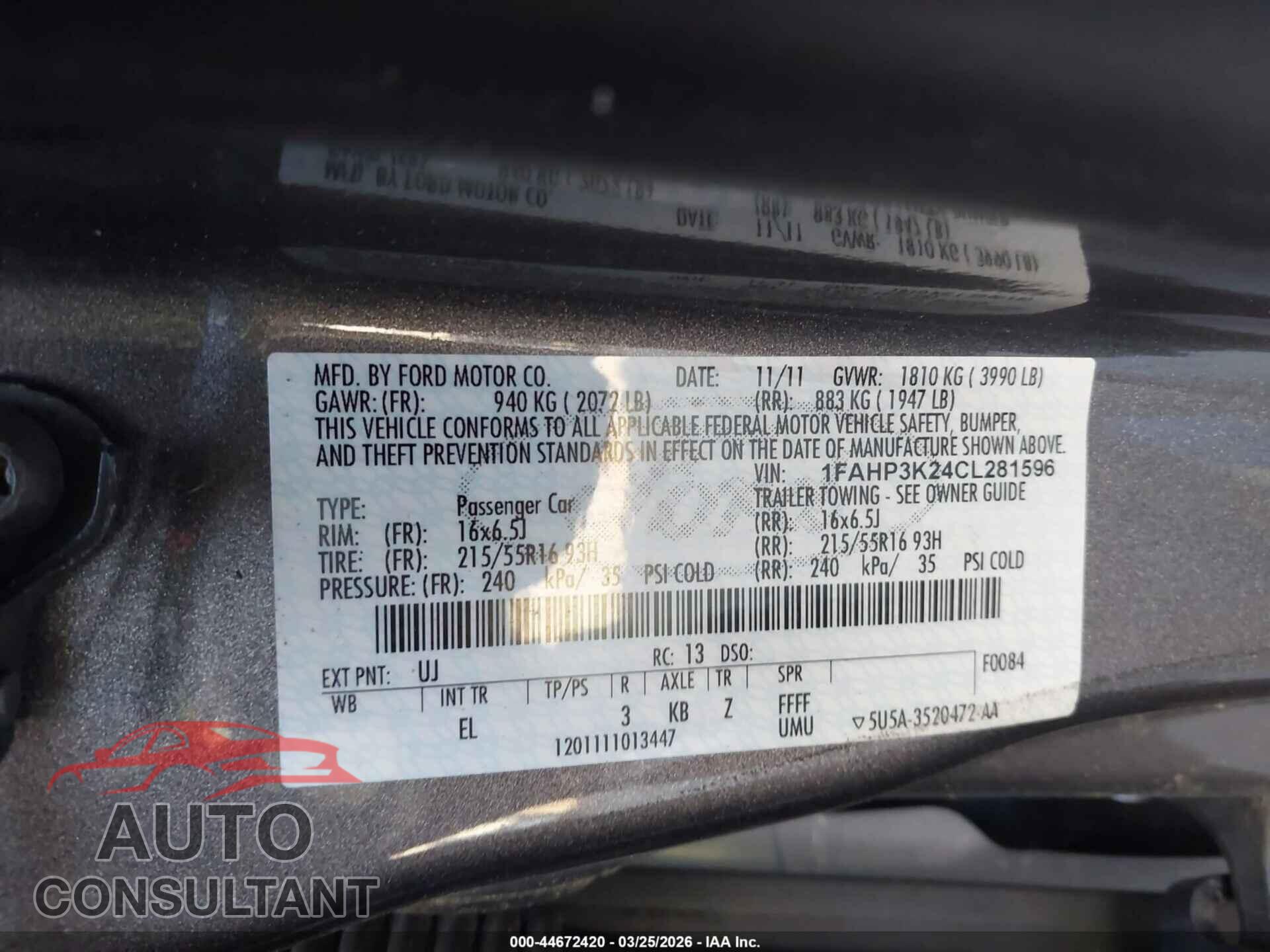 FORD FOCUS 2012 - 1FAHP3K24CL281596