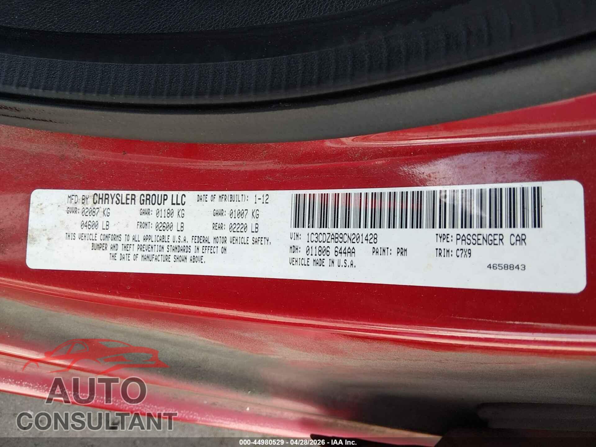DODGE AVENGER 2012 - 1C3CDZAB9CN201428