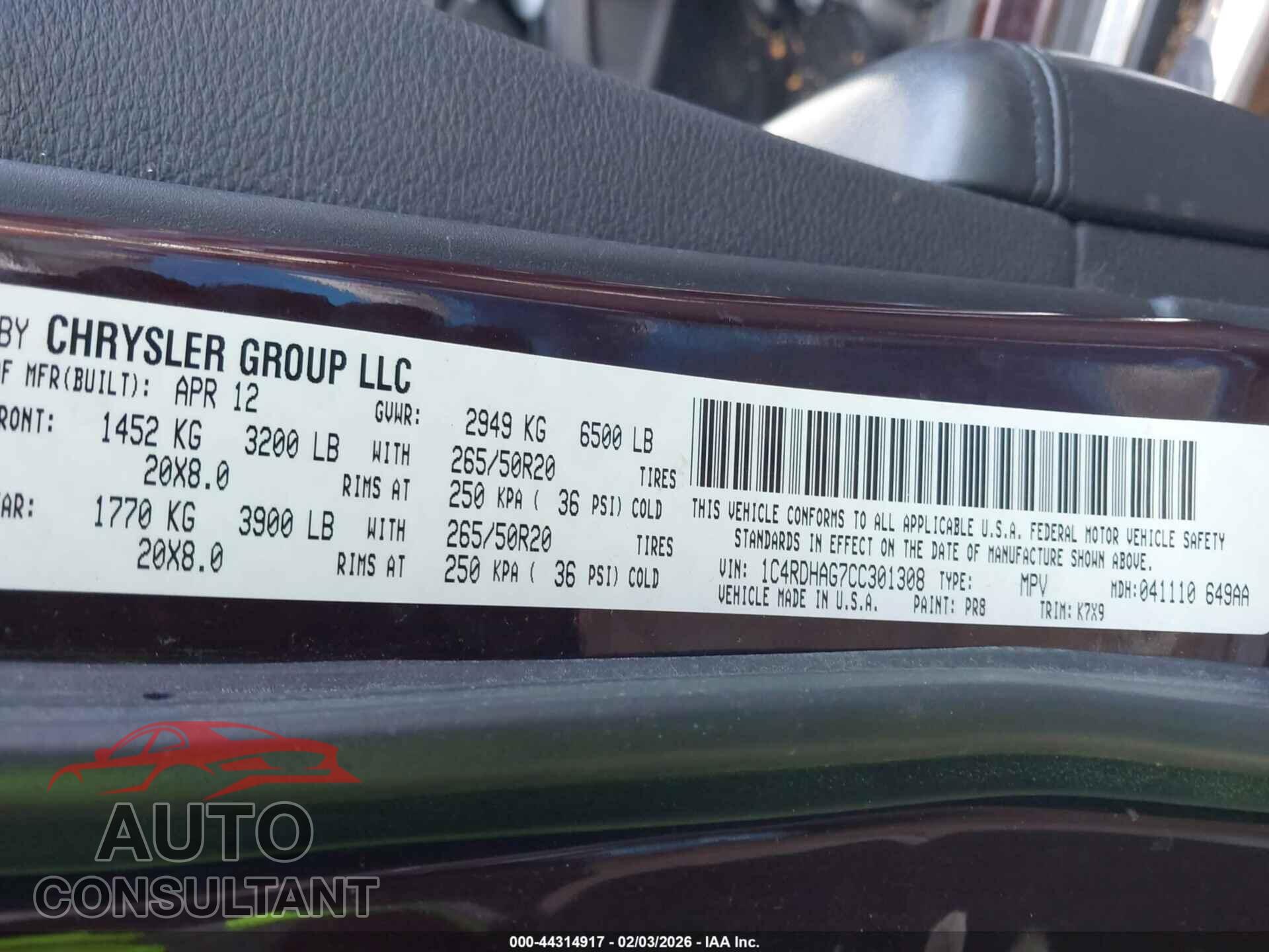 DODGE DURANGO 2012 - 1C4RDHAG7CC301308