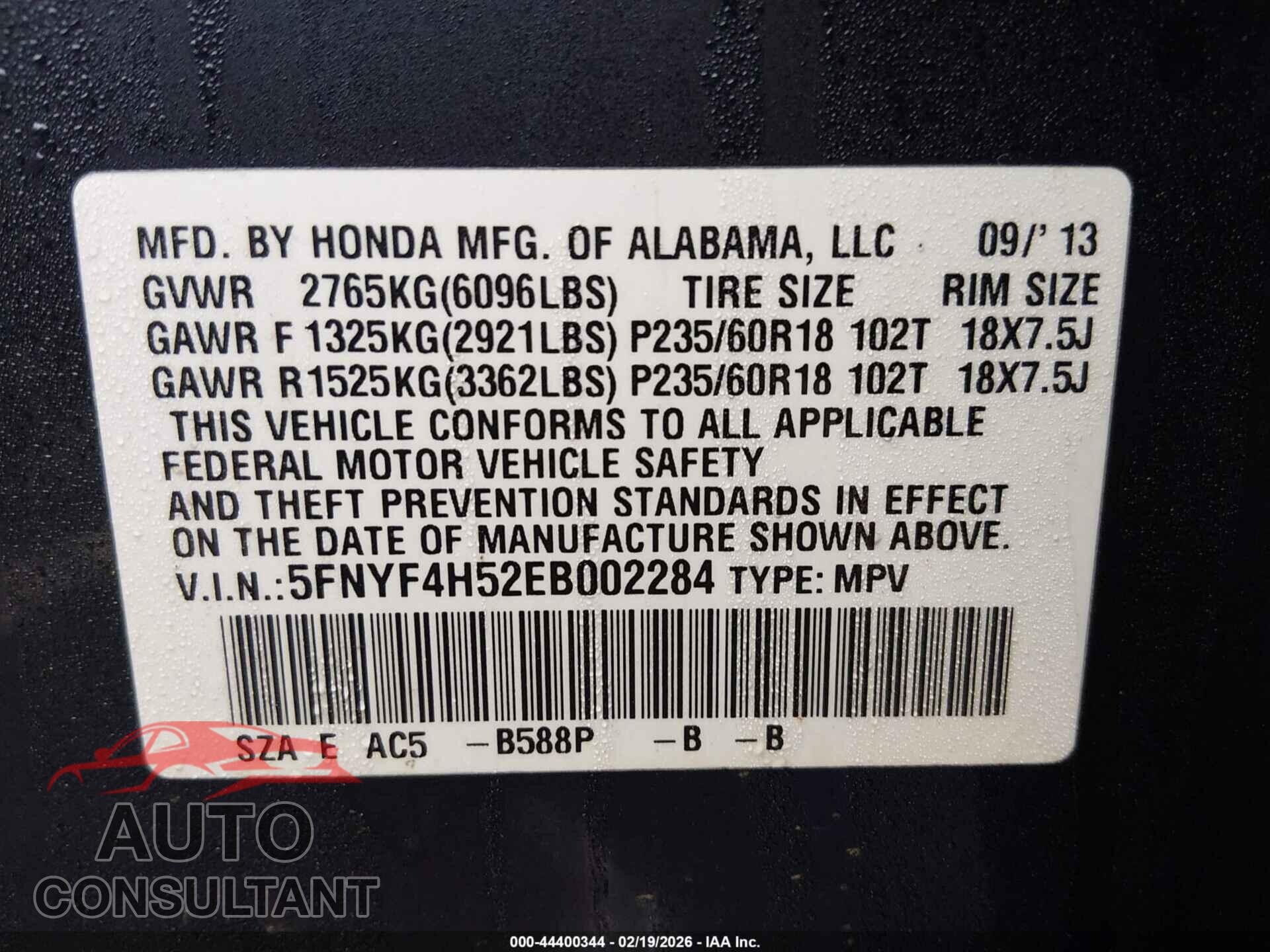 HONDA PILOT 2014 - 5FNYF4H52EB002284