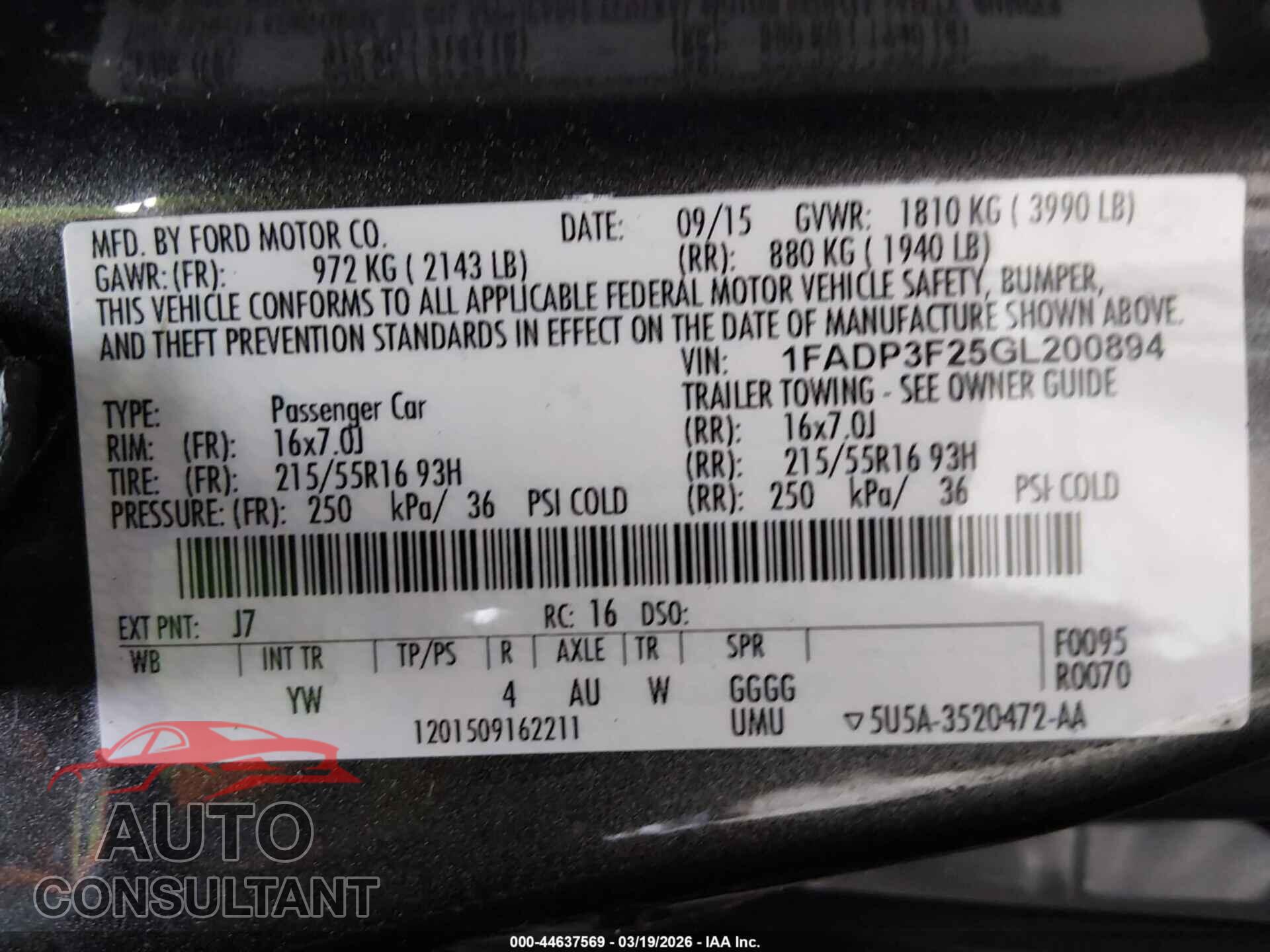 FORD FOCUS 2016 - 1FADP3F25GL200894