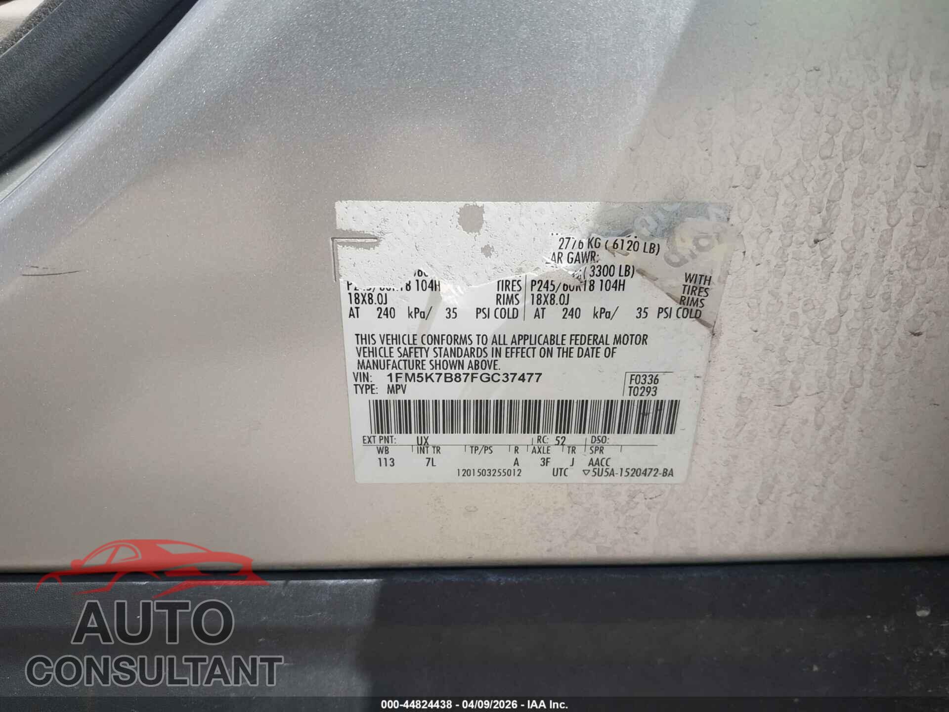 FORD EXPLORER 2015 - 1FM5K7B87FGC37477
