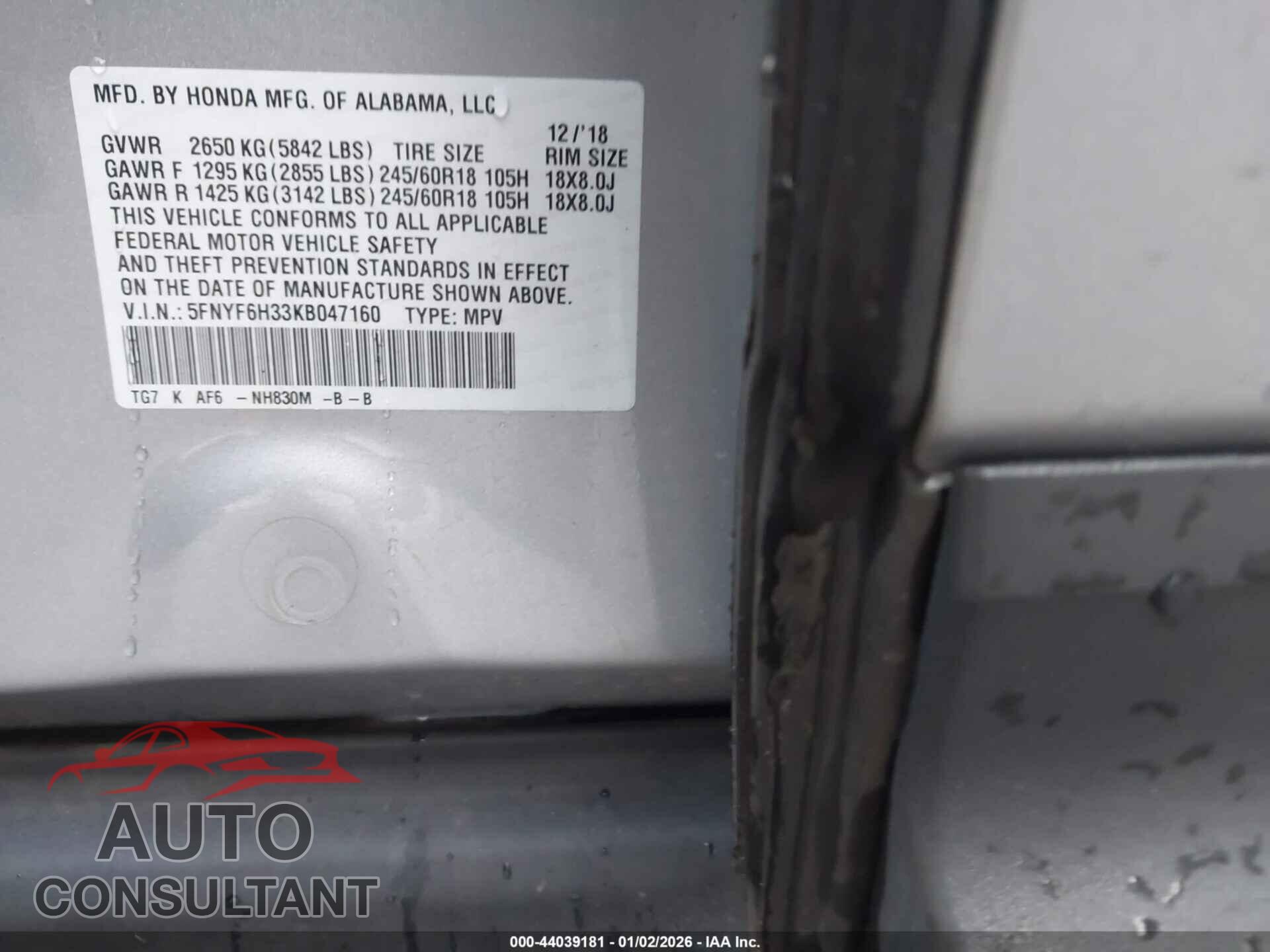 HONDA PILOT 2019 - 5FNYF6H33KB047160