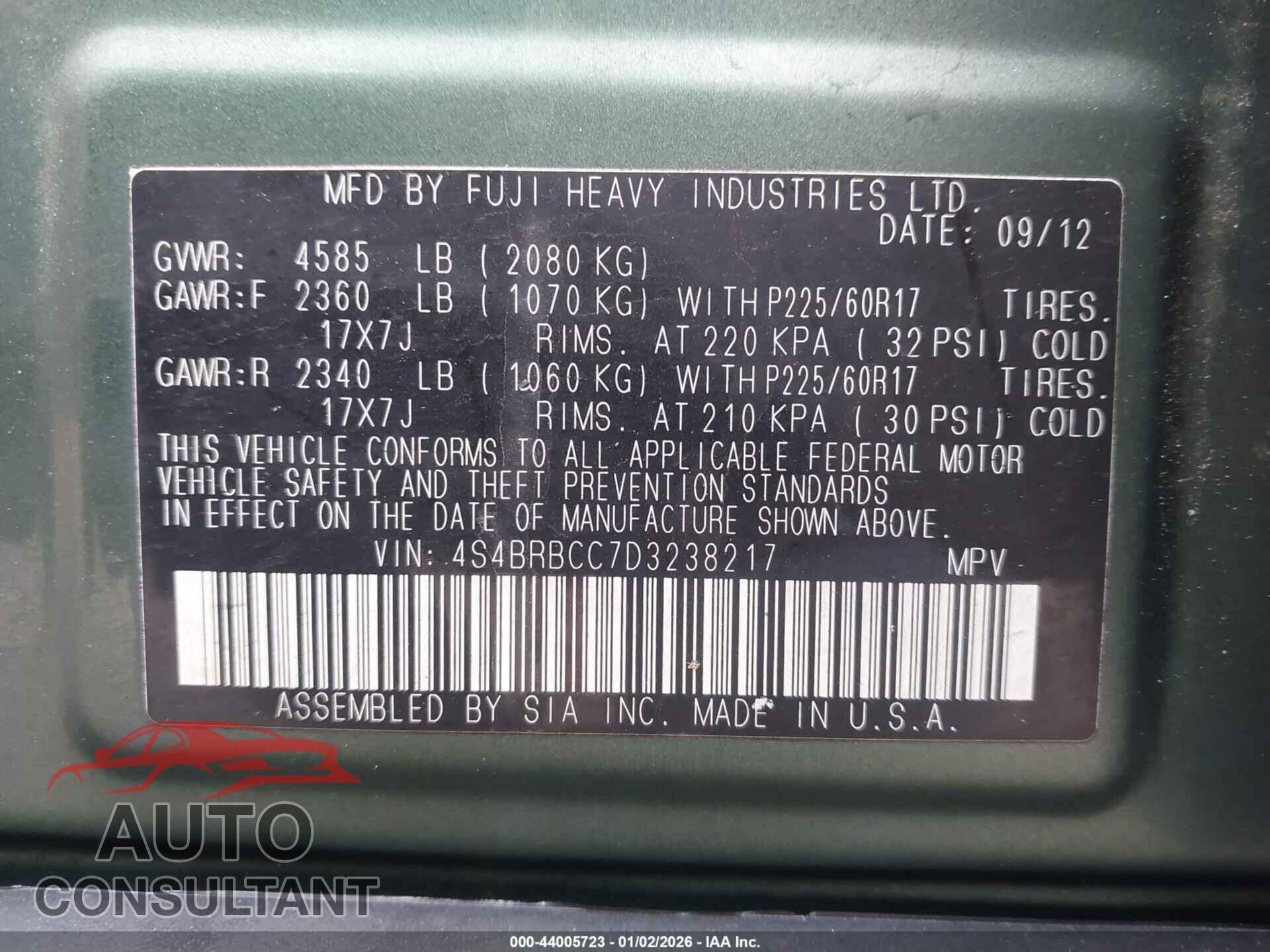 SUBARU OUTBACK 2013 - 4S4BRBCC7D3238217