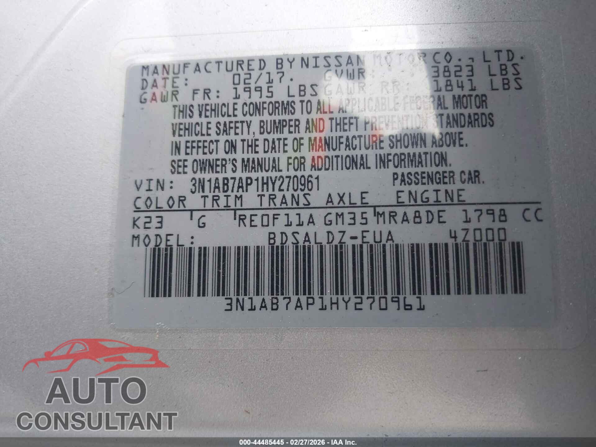 NISSAN SENTRA 2017 - 3N1AB7AP1HY270961