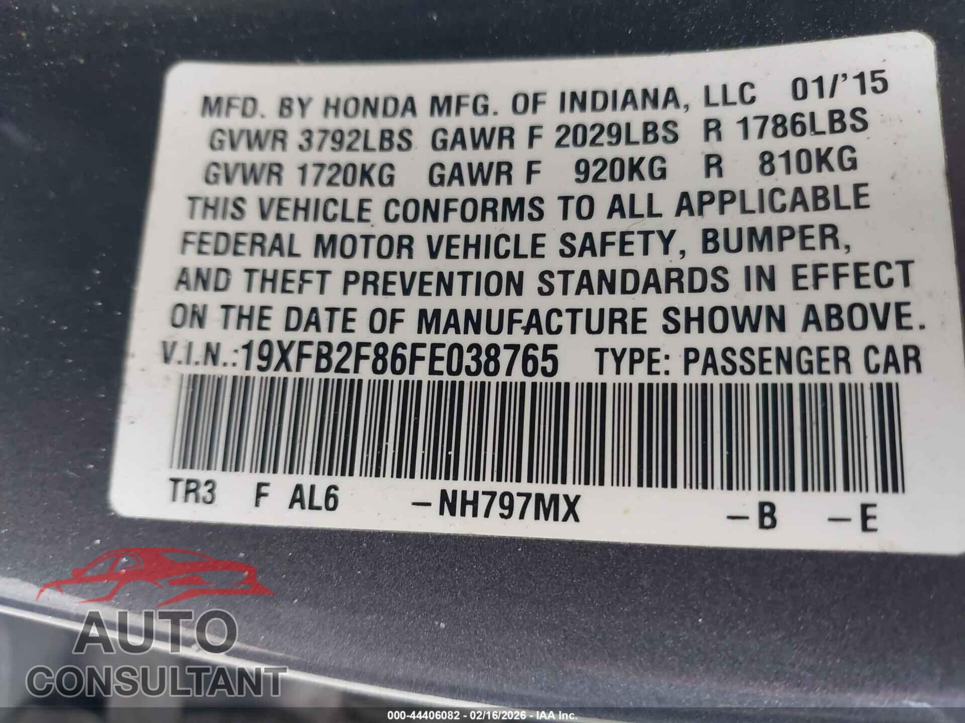 HONDA CIVIC 2015 - 19XFB2F86FE038765