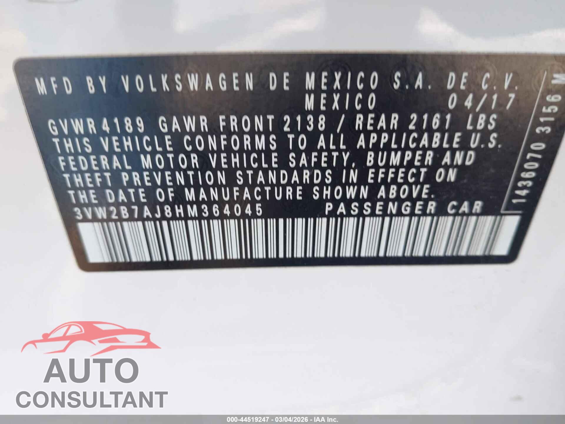 VOLKSWAGEN JETTA 2017 - 3VW2B7AJ8HM364045