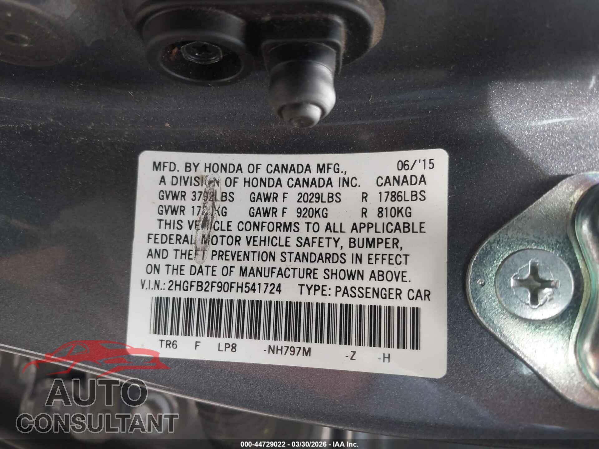 HONDA CIVIC 2015 - 2HGFB2F90FH541724