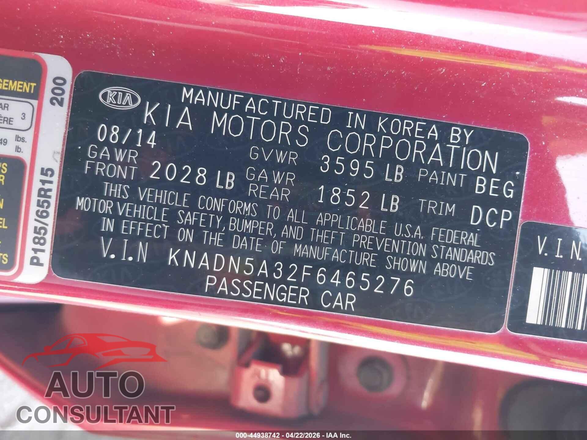 KIA RIO 2015 - KNADN5A32F6465276