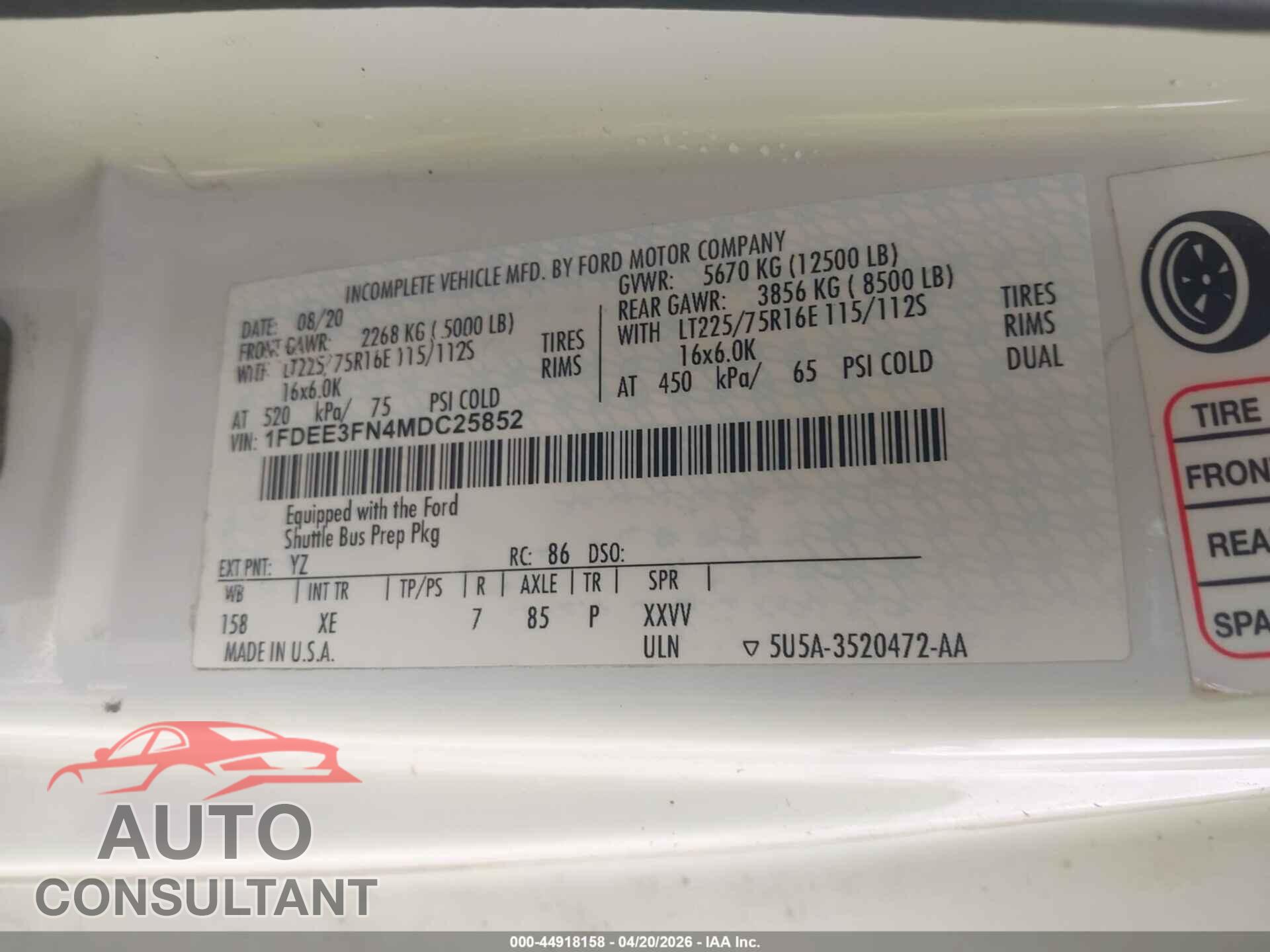 FORD E-350 CUTAWAY 2021 - 1FDEE3FN4MDC25852