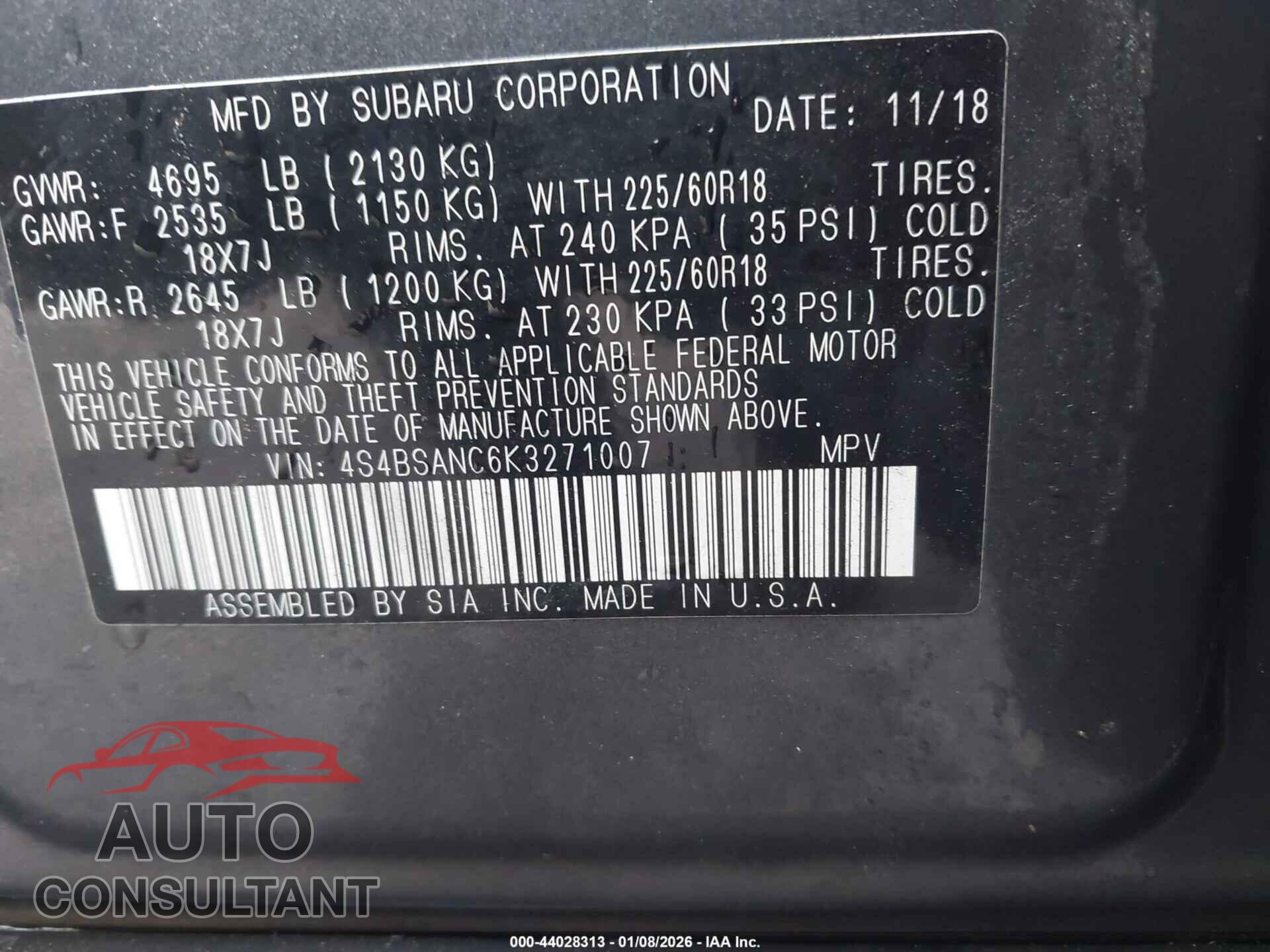 SUBARU OUTBACK 2019 - 4S4BSANC6K3271007