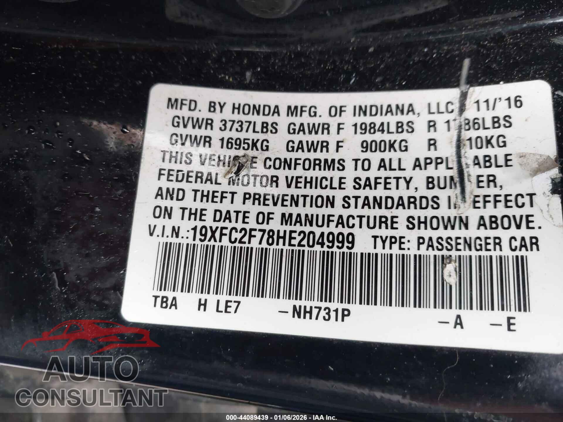 HONDA CIVIC 2017 - 19XFC2F78HE204999