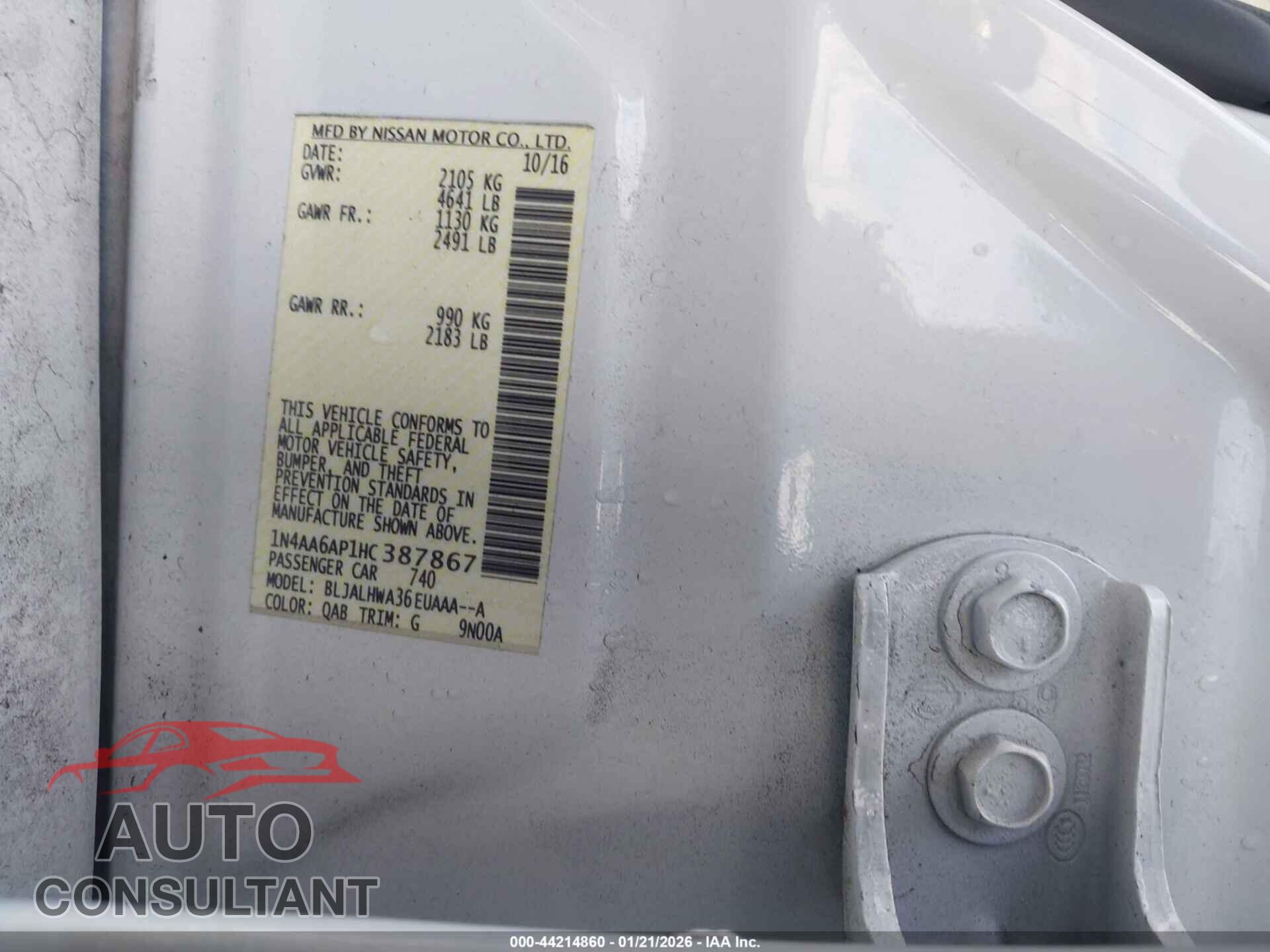 NISSAN MAXIMA 2017 - 1N4AA6AP1HC387867