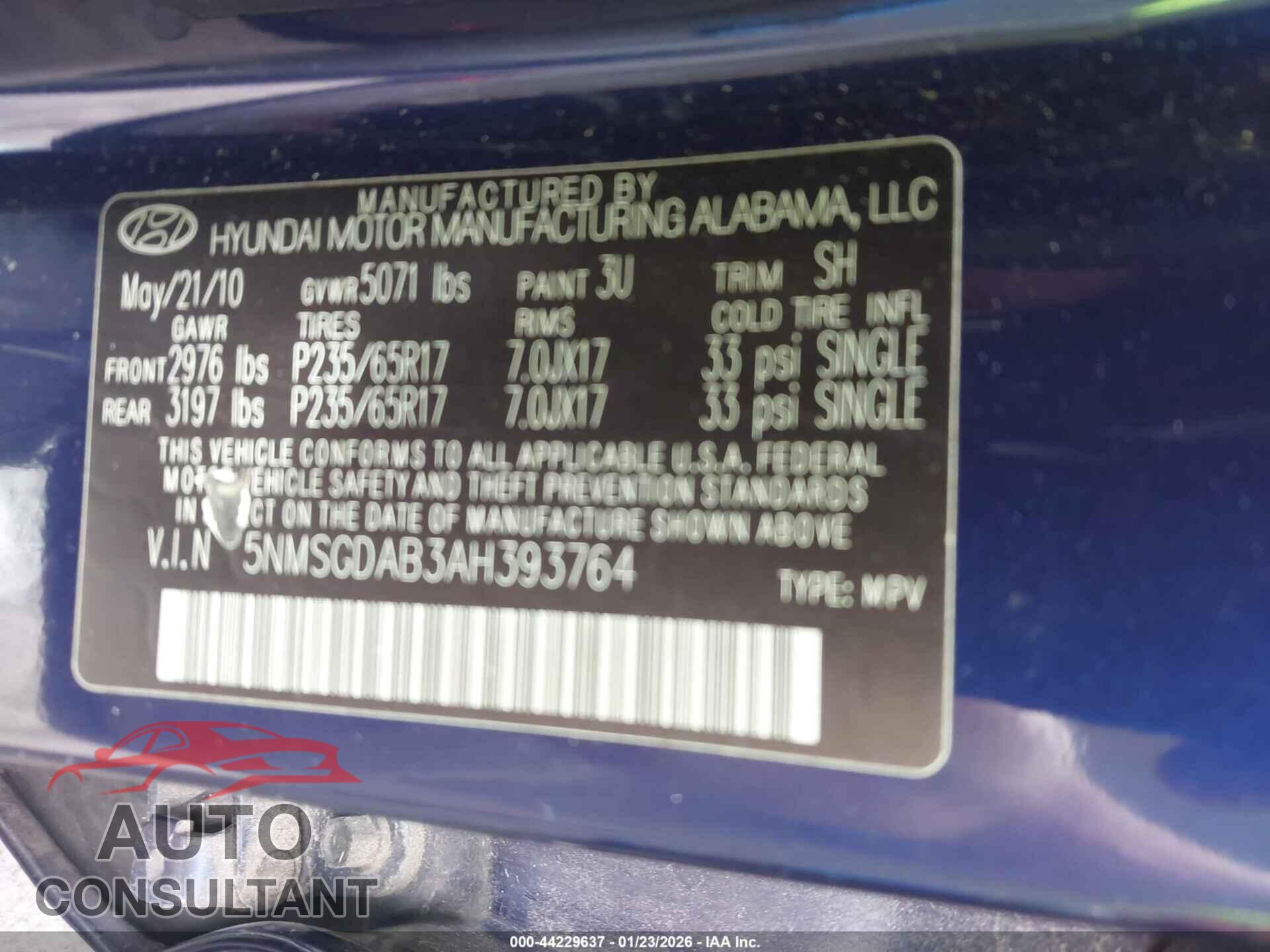 HYUNDAI SANTA FE 2010 - 5NMSGDAB3AH393764