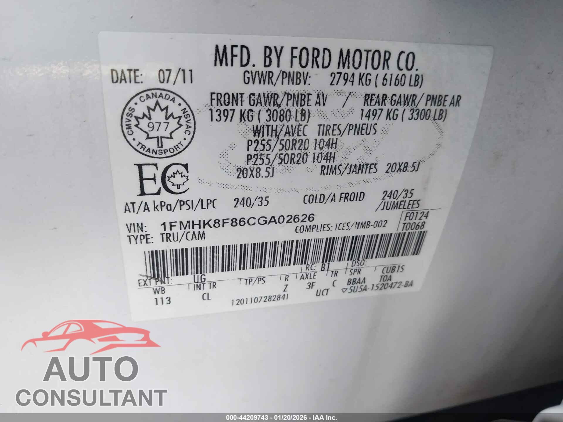 FORD EXPLORER 2012 - 1FMHK8F86CGA02626