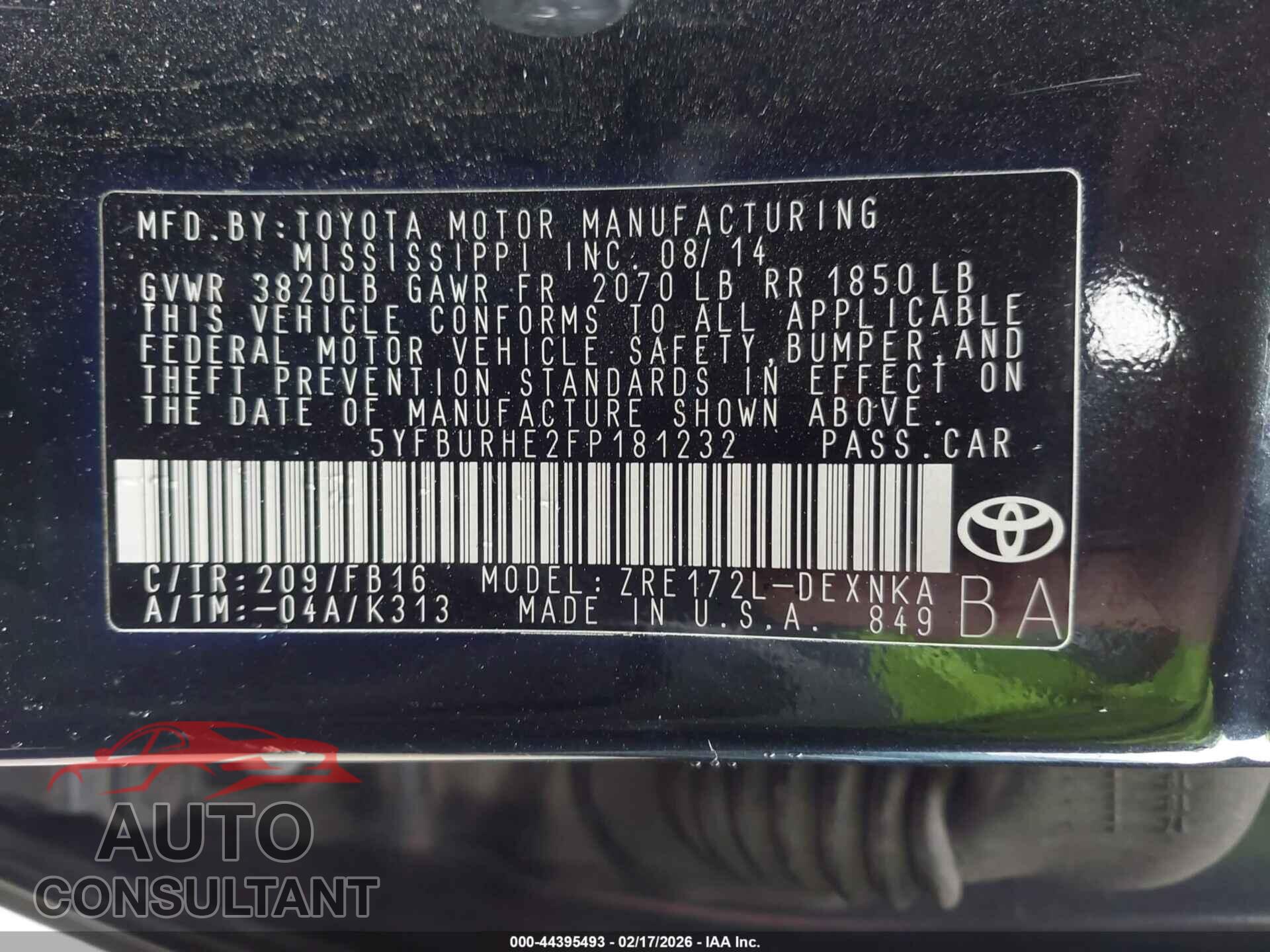TOYOTA COROLLA 2015 - 5YFBURHE2FP181232