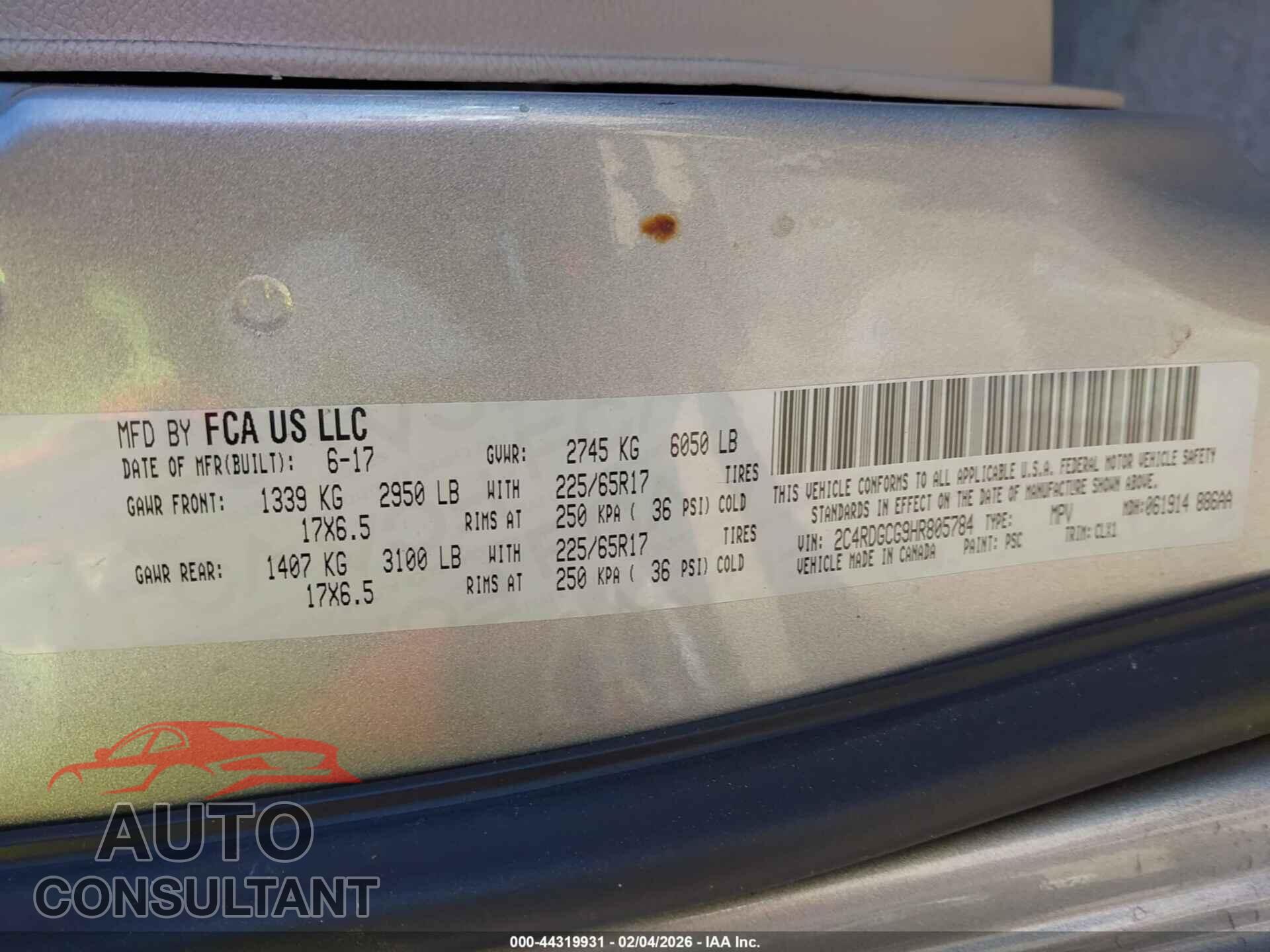 DODGE GRAND CARAVAN 2017 - 2C4RDGCG9HR805784